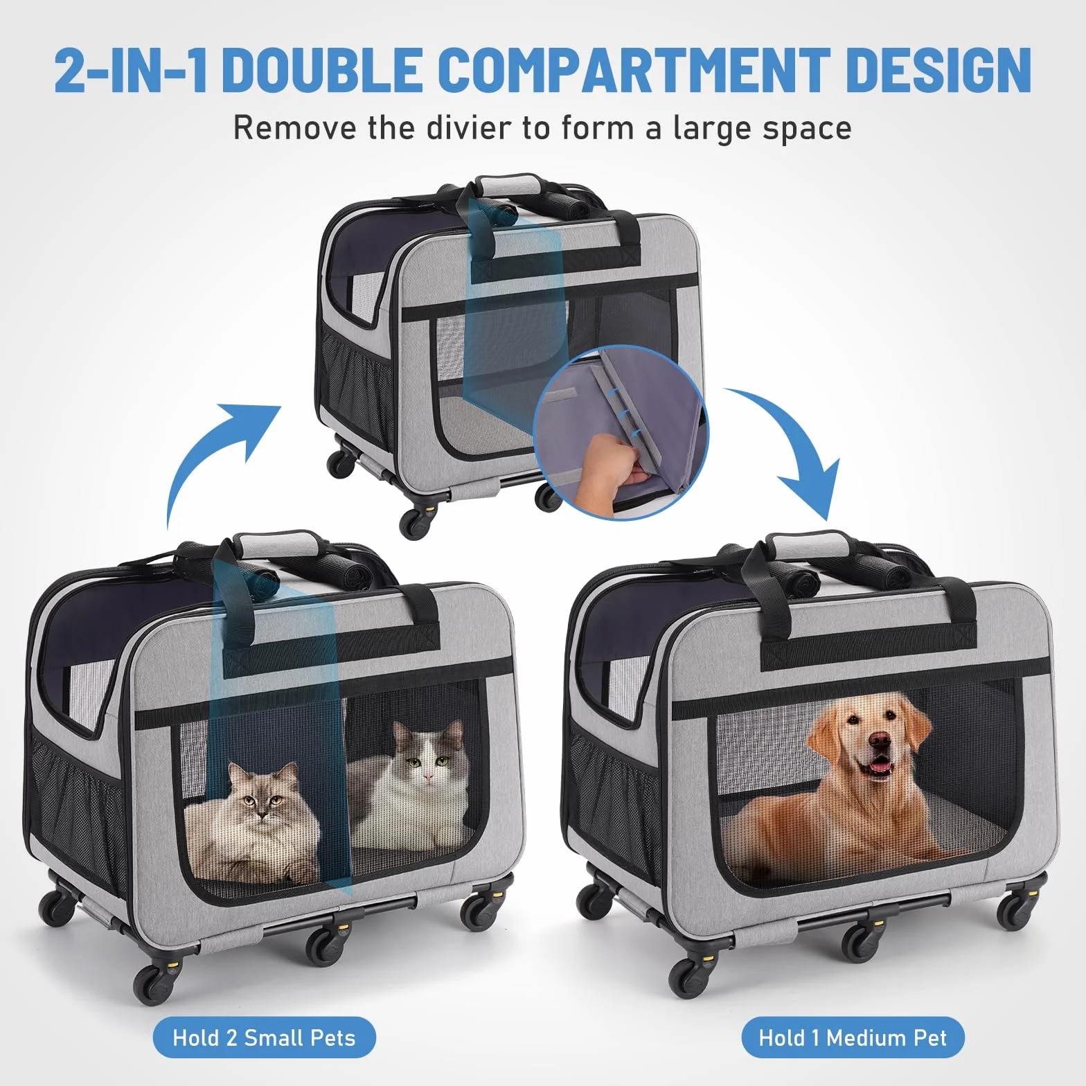 Sac de Transport pour Chats 20kg Double Compartiment Séparateur Amovible Roulettes Poignée Gris XL