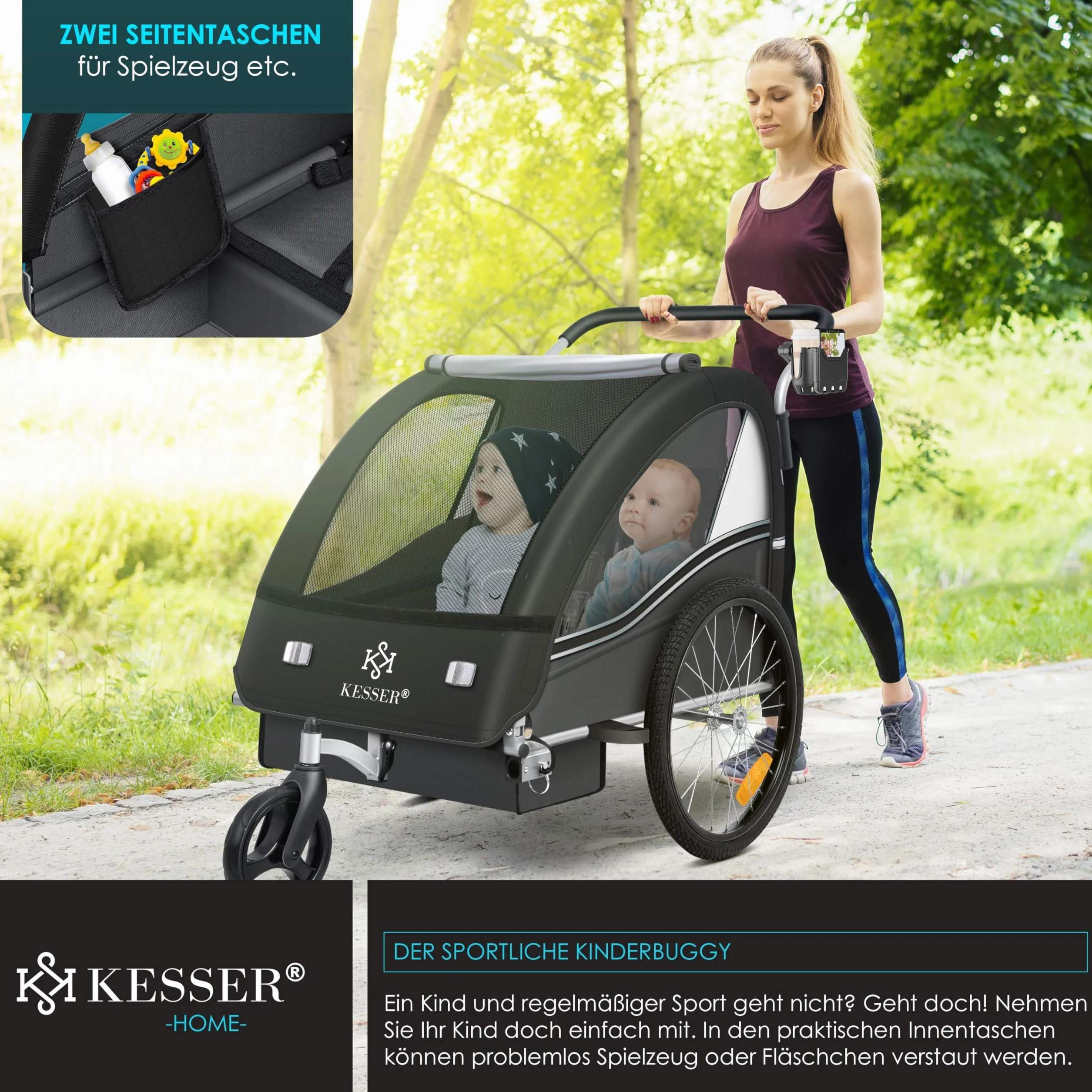 KESSER® Remorque pour Enfants 2en1 Sport-RX Vélo + Running Ceinture 5 Points 360° Roue Avant