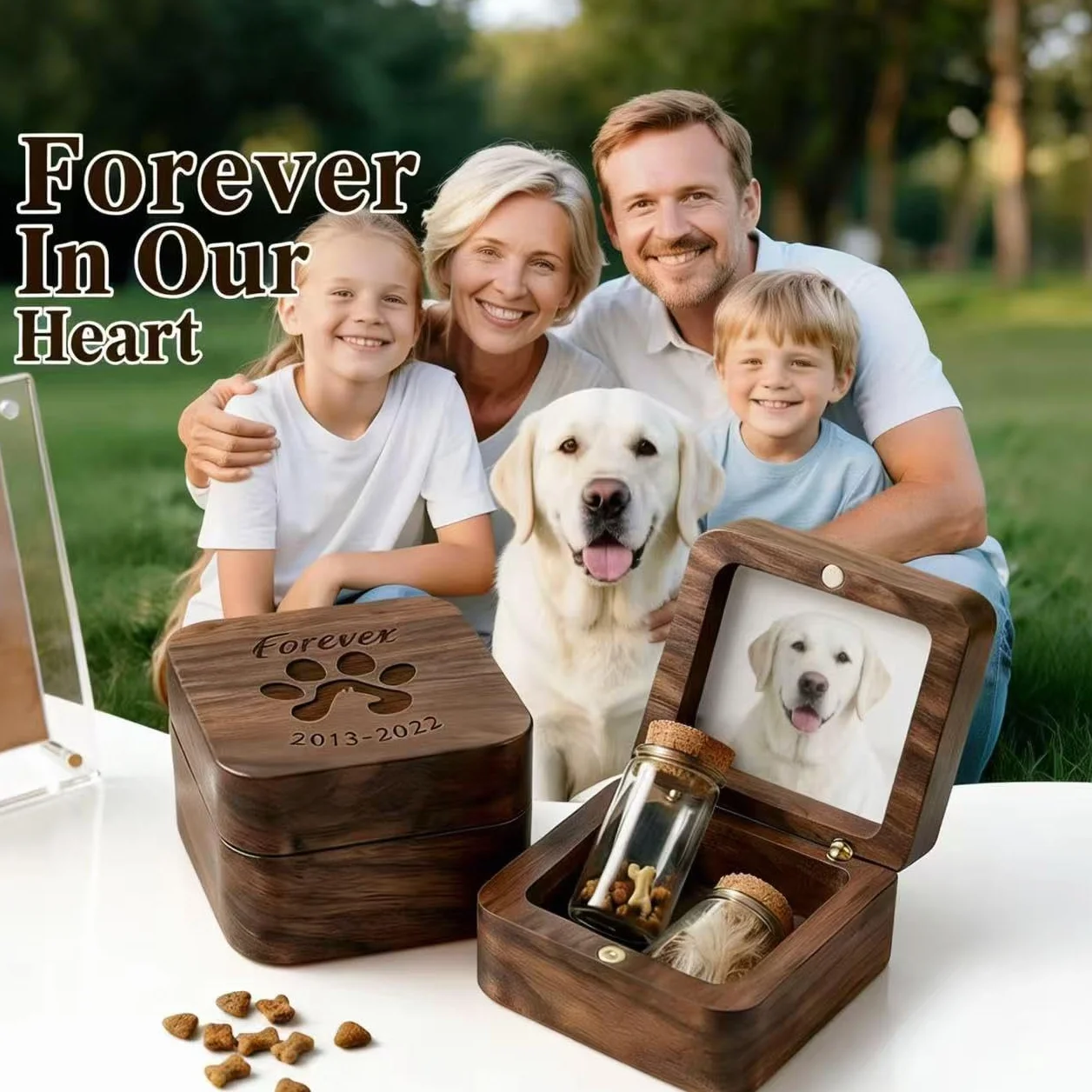 Boîte à Souvenirs Personnalisée pour Poils d'animaux, Urne en Bois avec Photo et Nom, Cadeau Commémoratif Perte d'animal, 4 Flacons en Verre