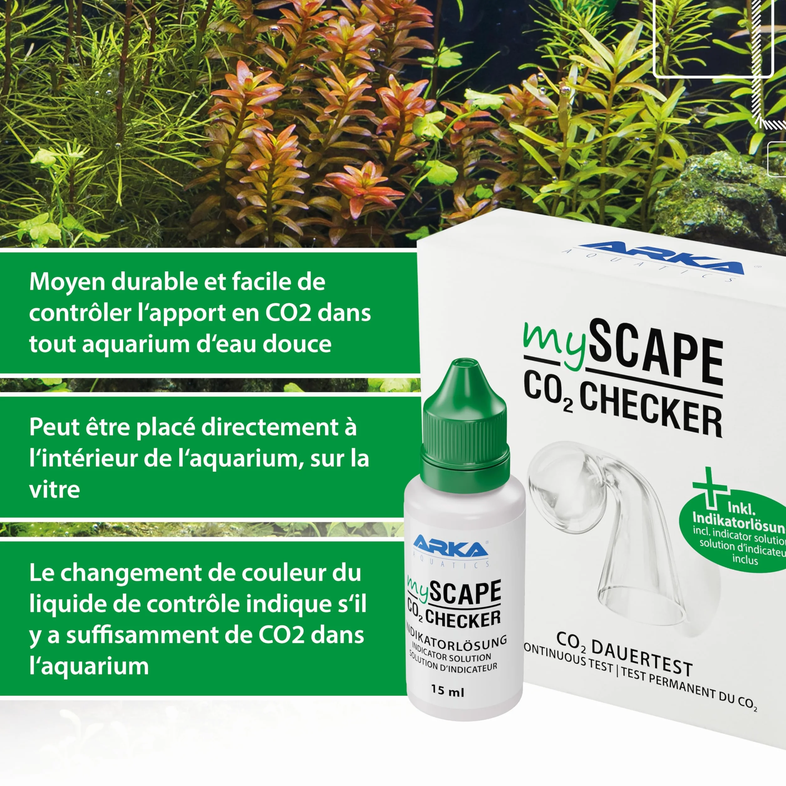 ARKA Testeur CO2 Aquarium mySCAPE-CO2 Checker avec 15 ML indicateur – Test Permanent avec Code Couleur – contrôle précis CO2 Plantes – Indispensable pour aquascaping Eau Douce