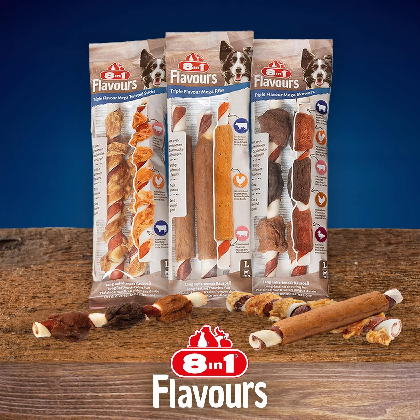 8in1 Triple Flavour Mega Twisted Sticks - Grandes bâtonnets à mâcher au Filet de Poulet, Peau de Porc et de bœuf – 140 g (2 pièces)