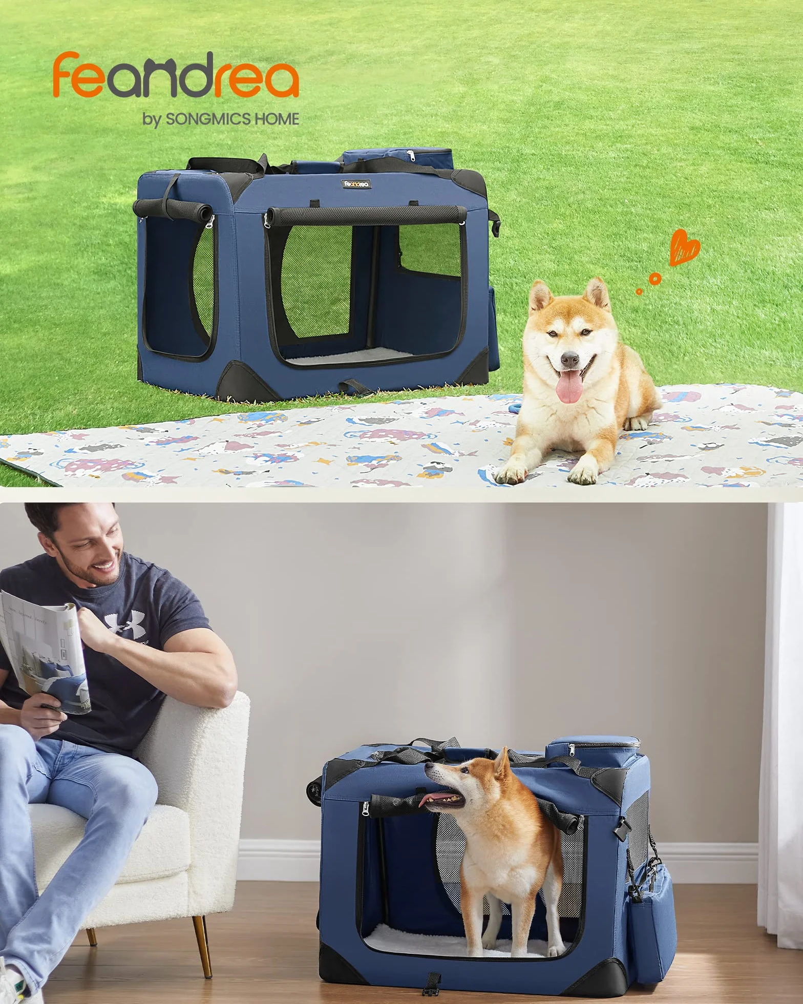 Feandrea Sac Transport Chat Chien Caisse Pliable Animaux de Companie Taille L Tissu Oxford Filet Respirant Portable Cadre Métal Poignées Pochettes 70 x 52 x 52 cm Bleu Foncé
