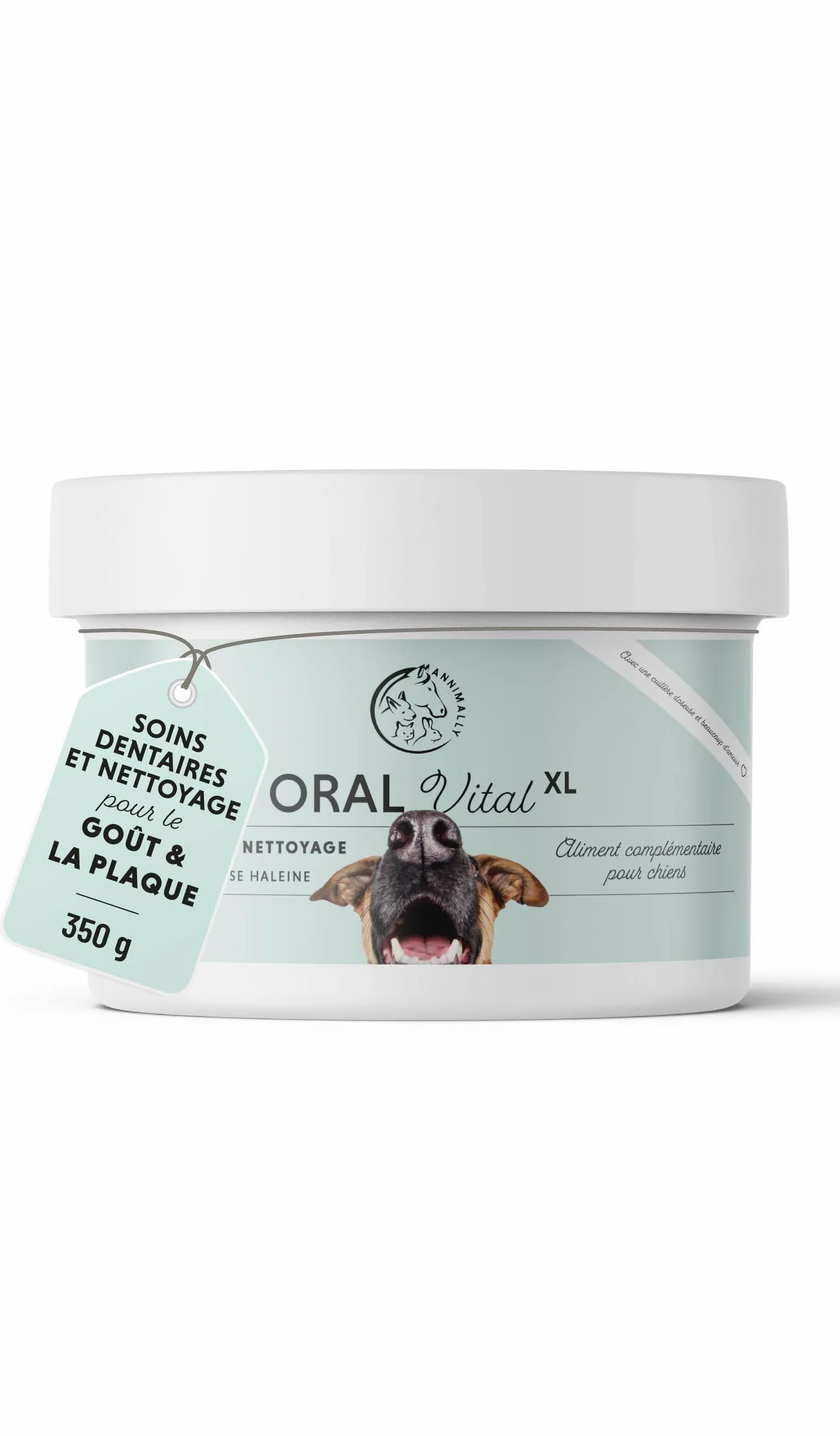 Poudre de soin dentaire pour chiens | Anti-tartre pour chiens - Nettoyage dentaire naturel et particulièrement efficace contre les dents jaunes, la mauvaise haleine et la plaque (350 g XL)