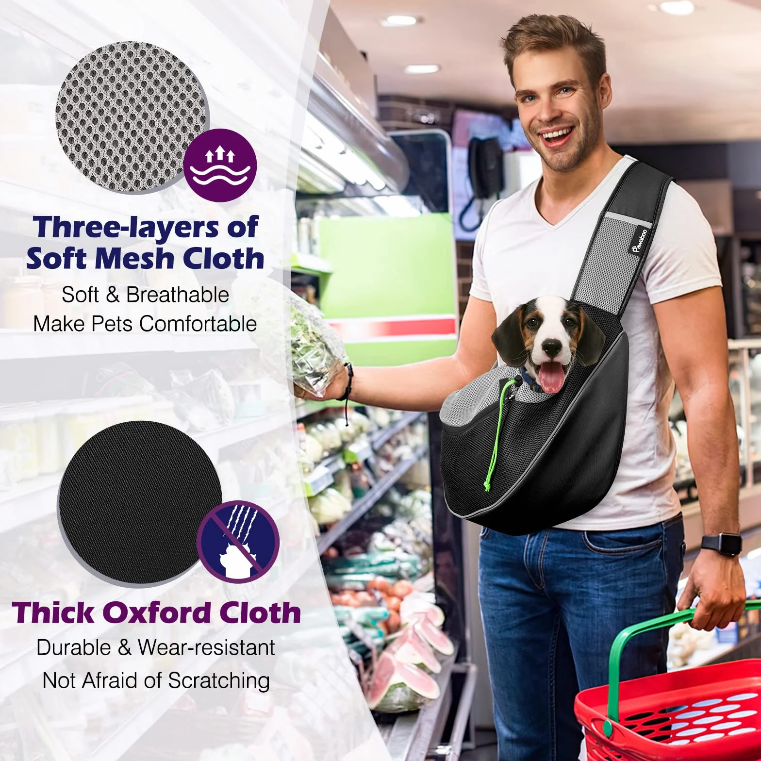 Pawaboo Sac de Transport pour Animal de Compagnie, Sac à Bandoulière Mains Libres avec Boucle en D, Sac à Dos en Maille Respirant pour Chiens, L - Noir