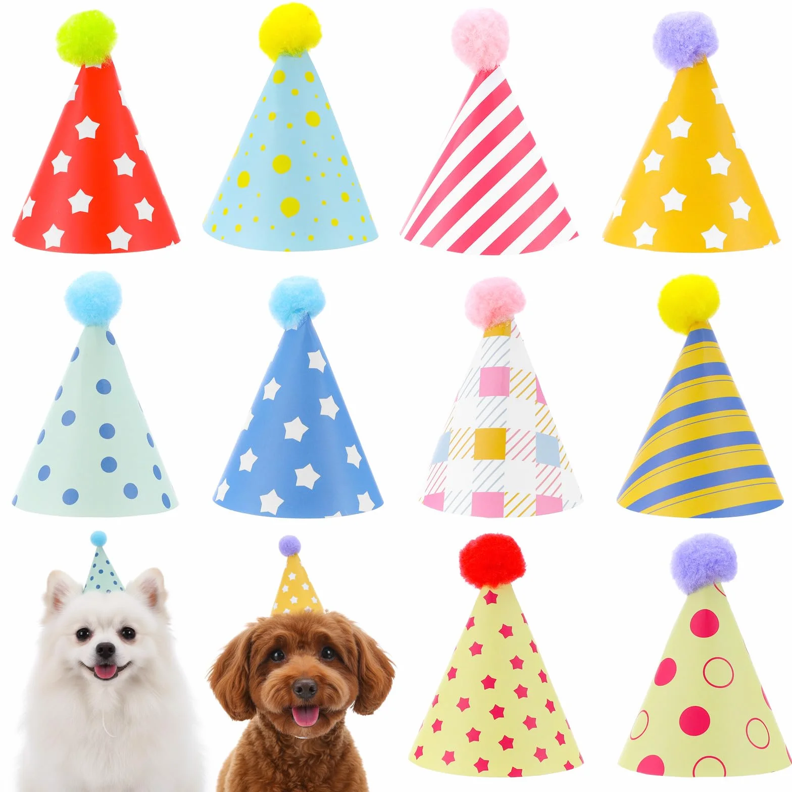 Lot de 10 mini chapeaux de fête colorés pour chien mignon avec pompons pour chatons, lapins, chiens et animaux en peluche, chapeau conique réglable pour anniversaires et célébrations