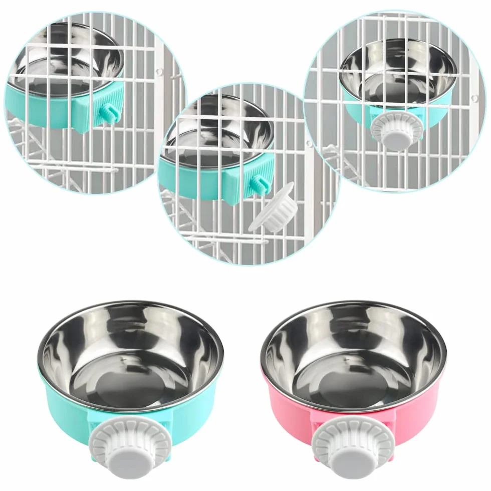 Gamelles Amovibles en Acier Inoxydable à Suspendre pour Animaux de Compagnie, Lot de 2 (Rose + Bleu)