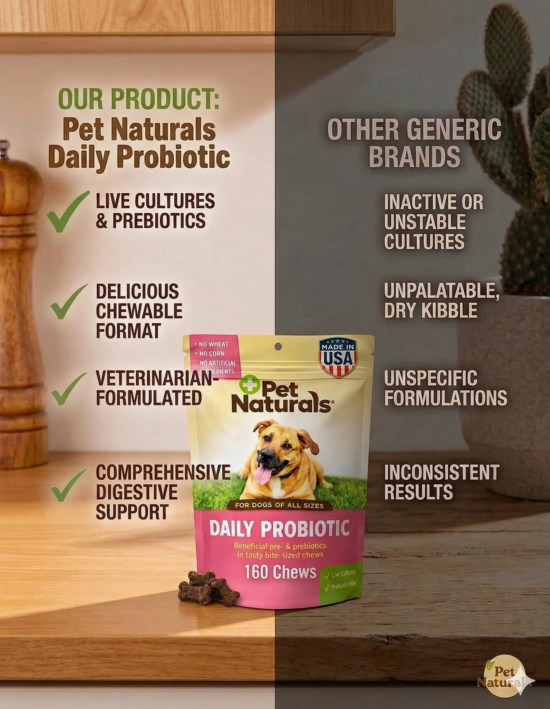 Pet Naturals Probiotiques Quotidiens pour Chiens, saveur Canard, 160 friandises à mâcher – 120 M UFC pré-et probiotiques pour la santé Digestive, la santé intestinale, Le Soutien immunitaire, la