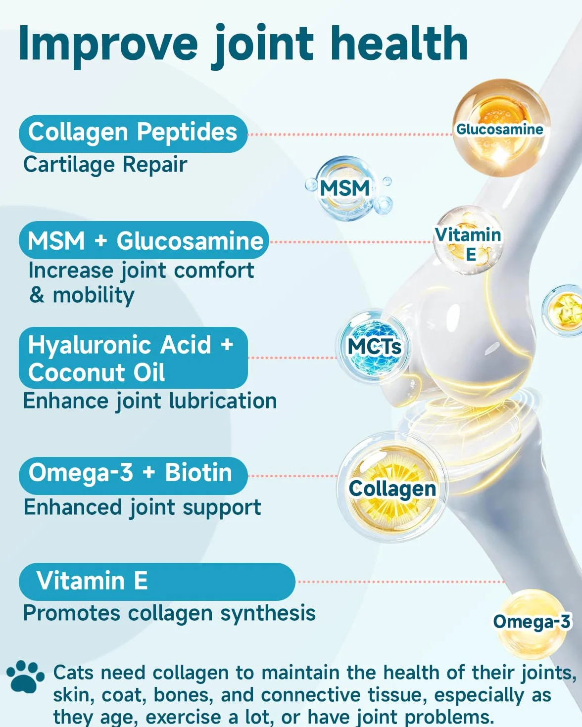 Eagou Diary Collagène pour Chats - Supplément Articulations, Peau et Pelage, MSM, Glucosamine, Huile de Coco, Vitamine E, 60ml