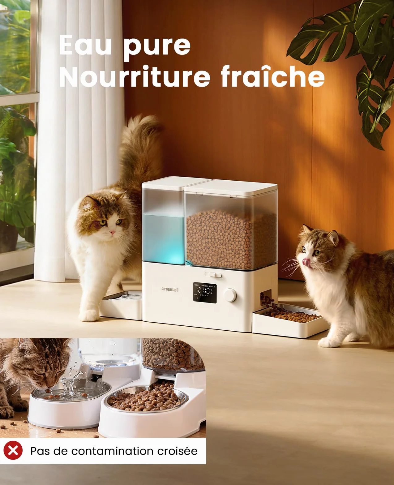 Oneisall Distributeur d'eau et d'alimentation Automatique pour Chat, 36 Tasses/8,5 L, 2 en 1, Grande Capacité