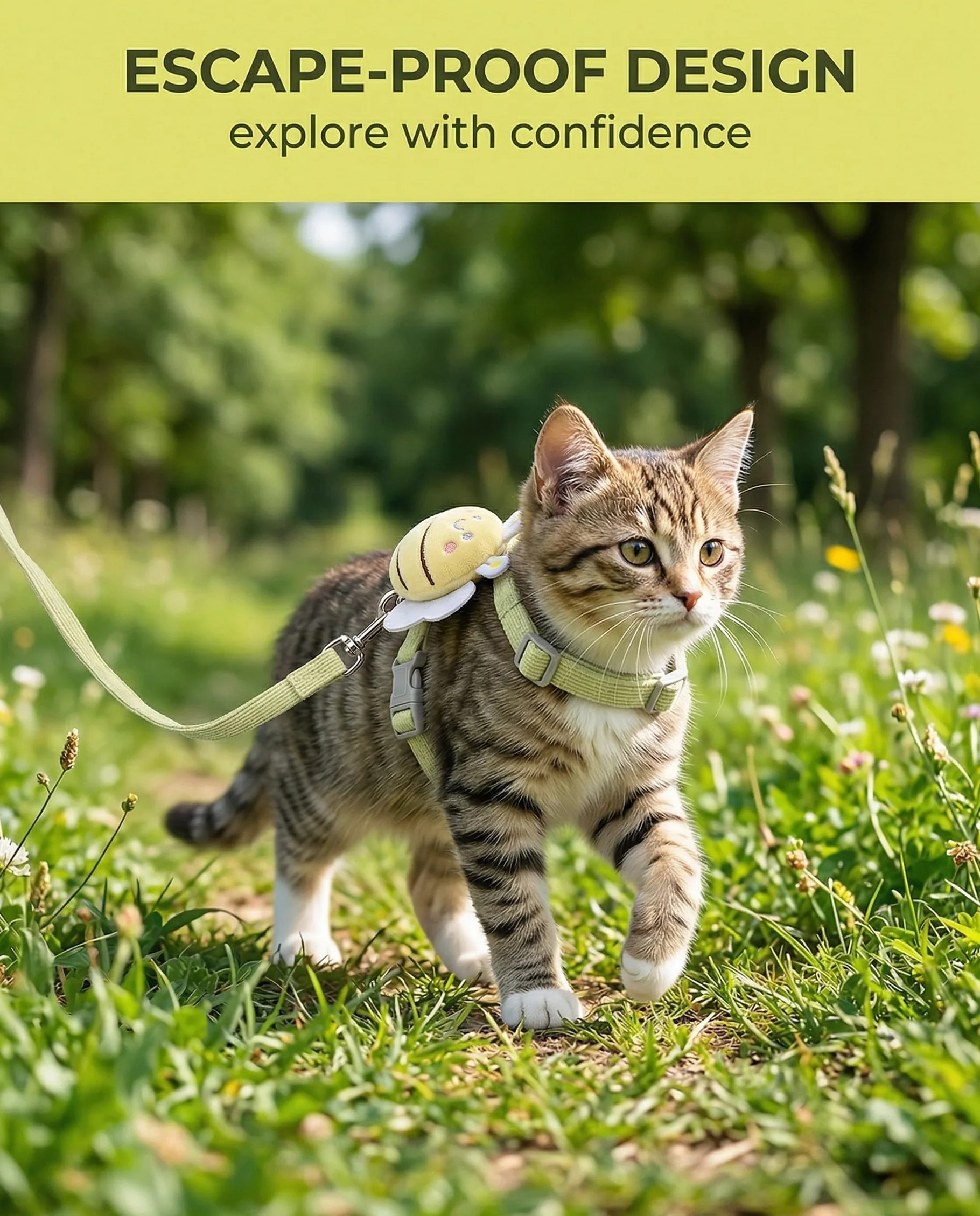 Harnais pour chat avec laisse taille M vert Motif petite abeille anti-évasion réglable pour chats chatons petits chiens lapins