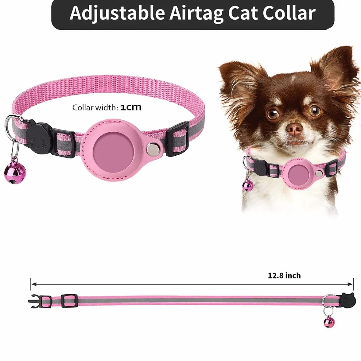 Collier Airtag pour Chat Anti Étranglement Réglable Réfléchissant avec Clochette Support Protection Apple AirTag Rose
