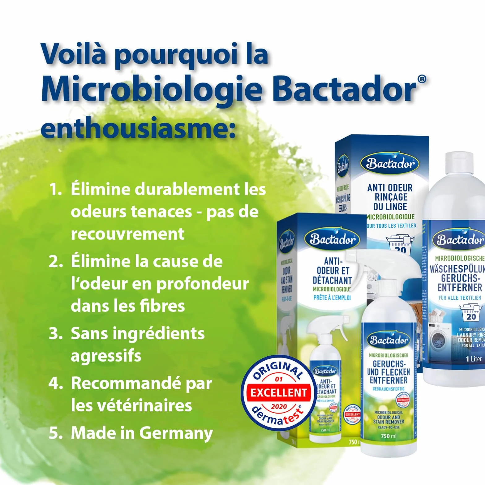 Bactador Anti-Odeur Et Détachant Microbiologique 750 ml Spray Neutralisateur D'Odeurs Nettoyant Enzymatique
