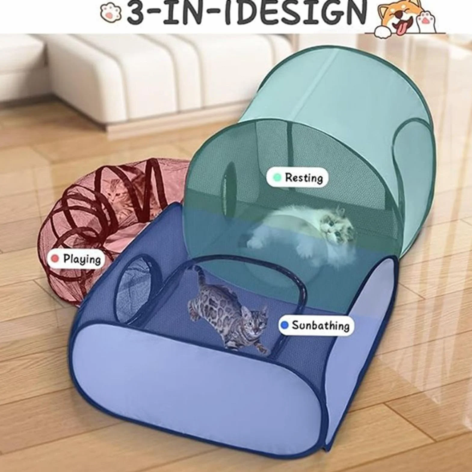 Tente d'extérieur pour chat 50 x 99 x 69 cm Enclos pliable avec tunnel pour chaton chiot petits animaux