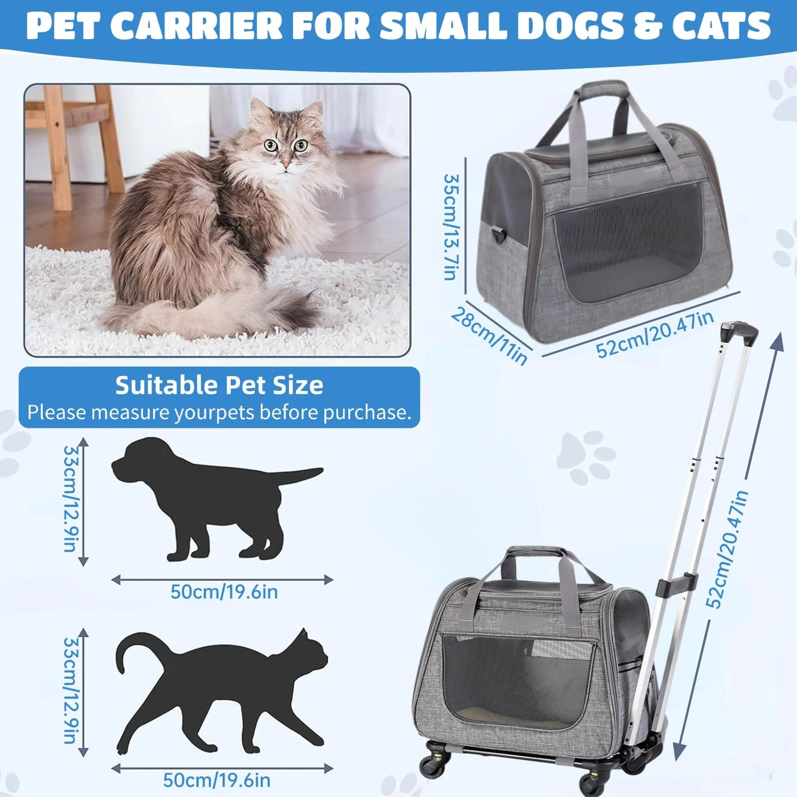 Sac de Transport pour Chat avec Roulettes 2 en 1 Sac à Dos pour Chiens, Visites Vétérinaires, Voyage