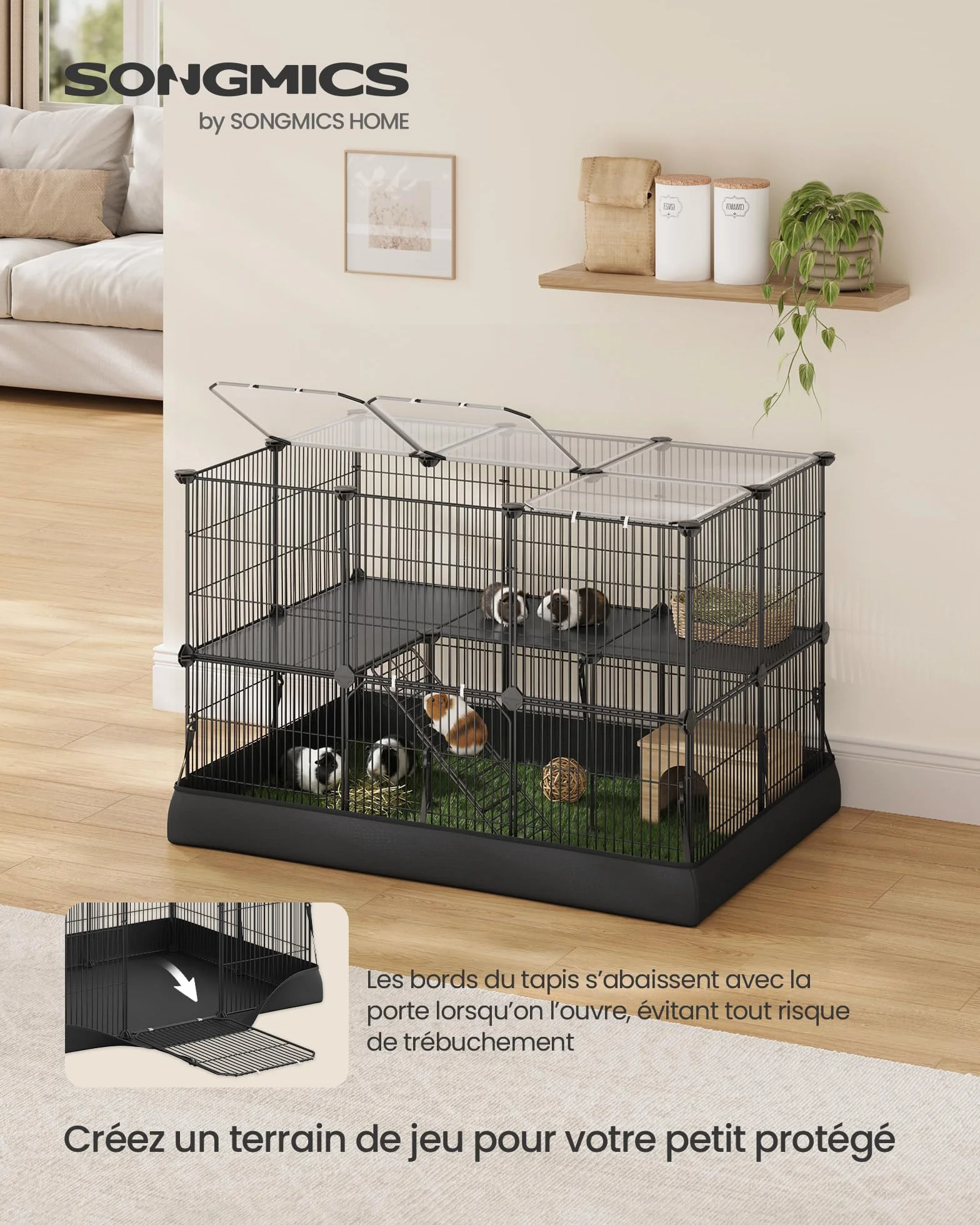 SONGMICS Enclos pour Petits Animaux 2 Niveaux 35 Panneaux 93x63x61,5 cm Noir d'encre