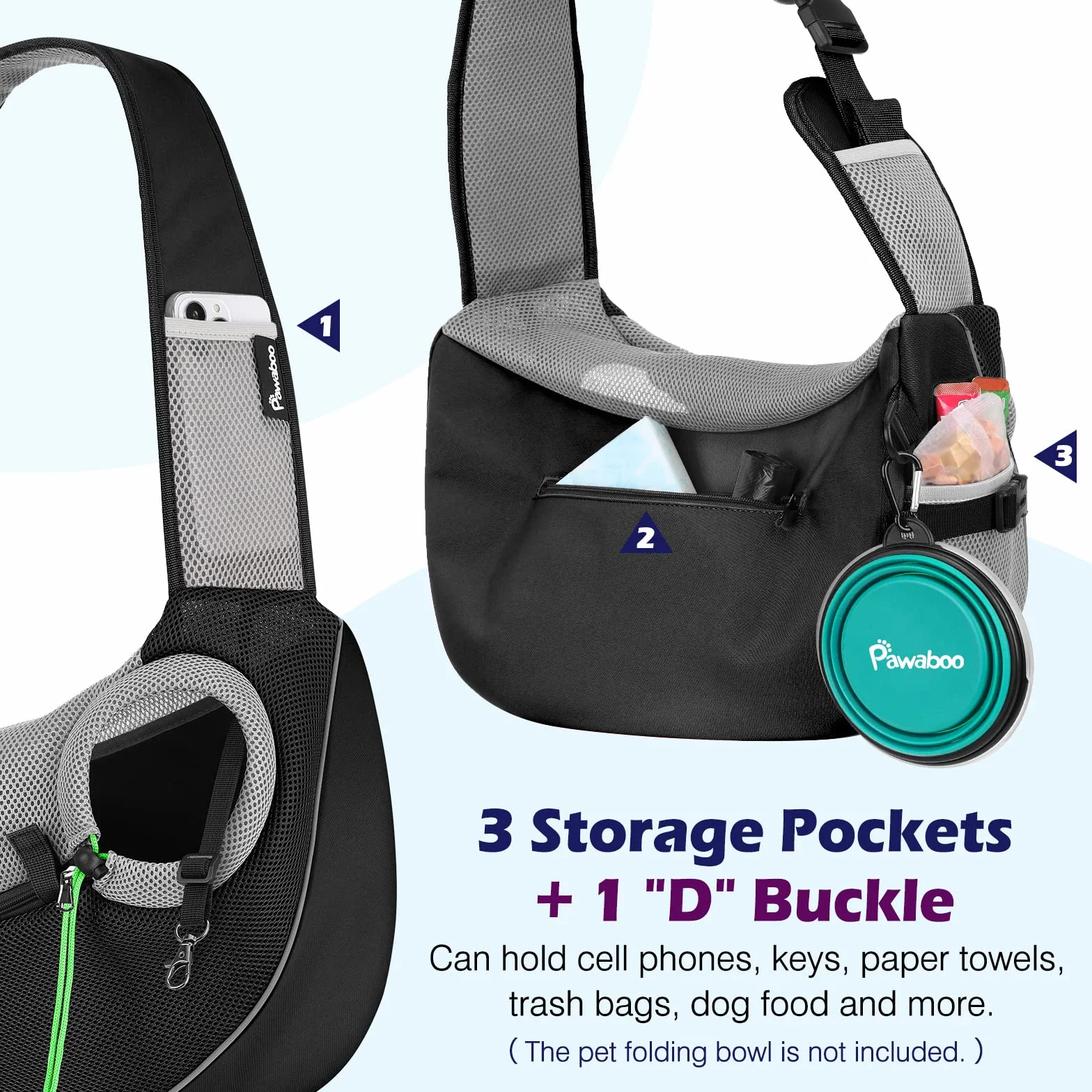 Pawaboo Sac de Transport pour Animal de Compagnie, Sac à Bandoulière Mains Libres avec Boucle en D, Sac à Dos en Maille Respirant pour Chiens, L - Noir