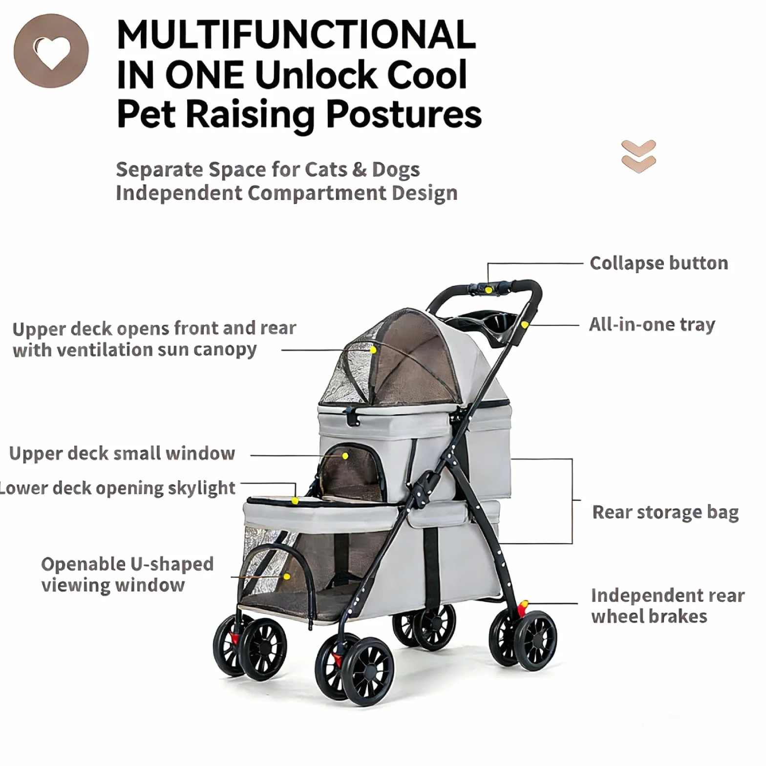 Poussette double pliable pour chats et chiens 2 chariots 4 roues avec sac de rangement et porte-gobelet Gris