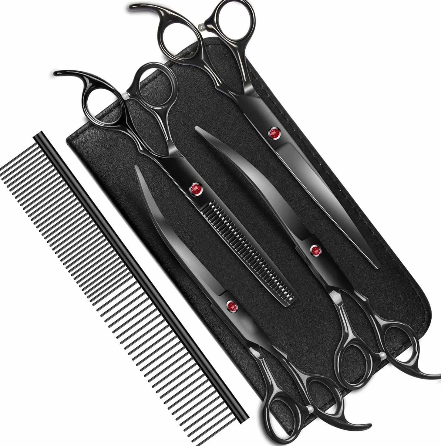 Ensemble de ciseaux de toilettage professionnels de 17,8 cm, ciseaux droits et courbés, ciseaux à effiler, peigne et accessoires, en acier inoxydable, design ergonomique, pour soins à domicile et