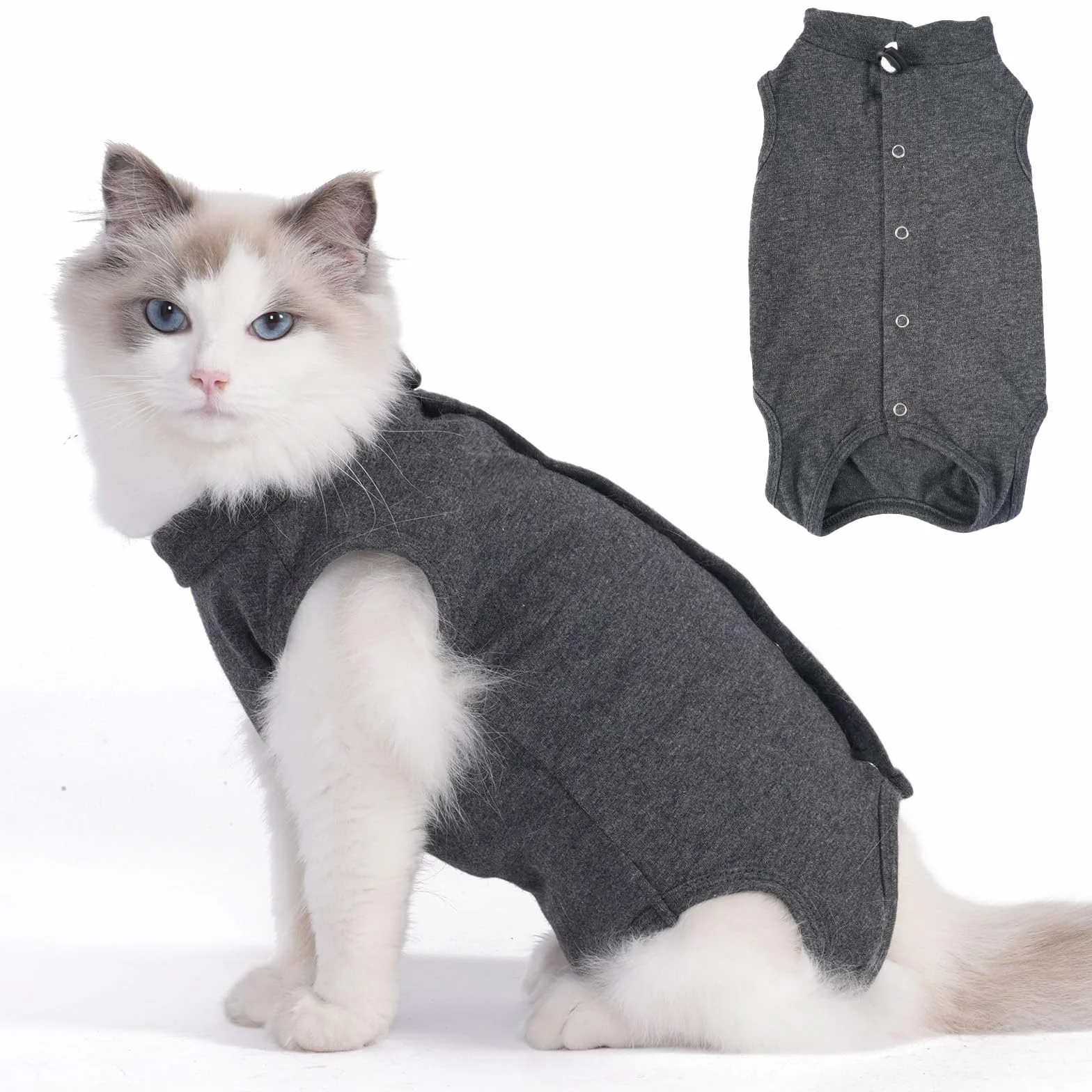 Combinaison de convalescence pour chat en coton gris taille S M L alternative au collier et cône de récupération post-chirurgicale