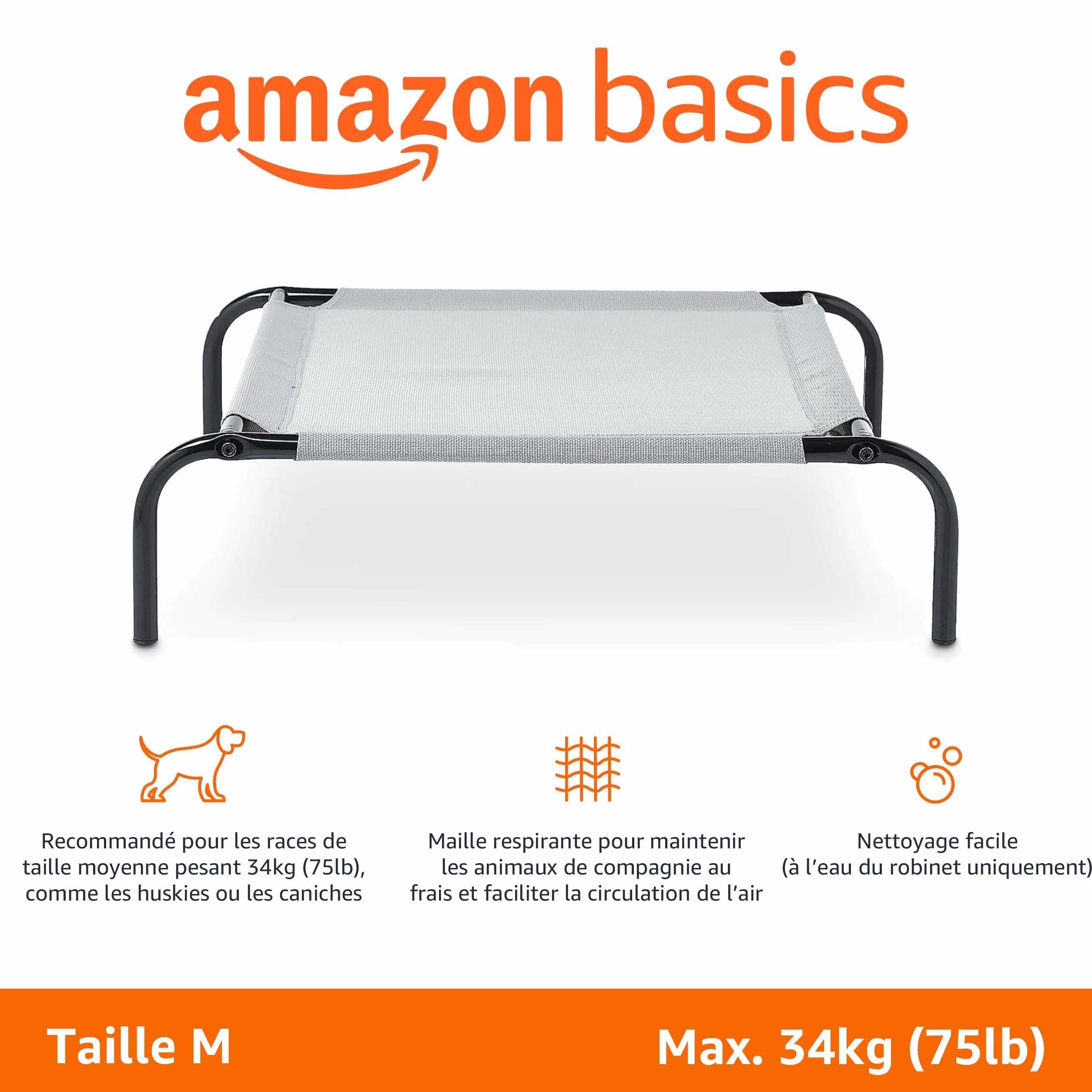 Amazon Basics Lit surélevé rafraîchissant chien Taille M Gris Textile 110x65x19 cm