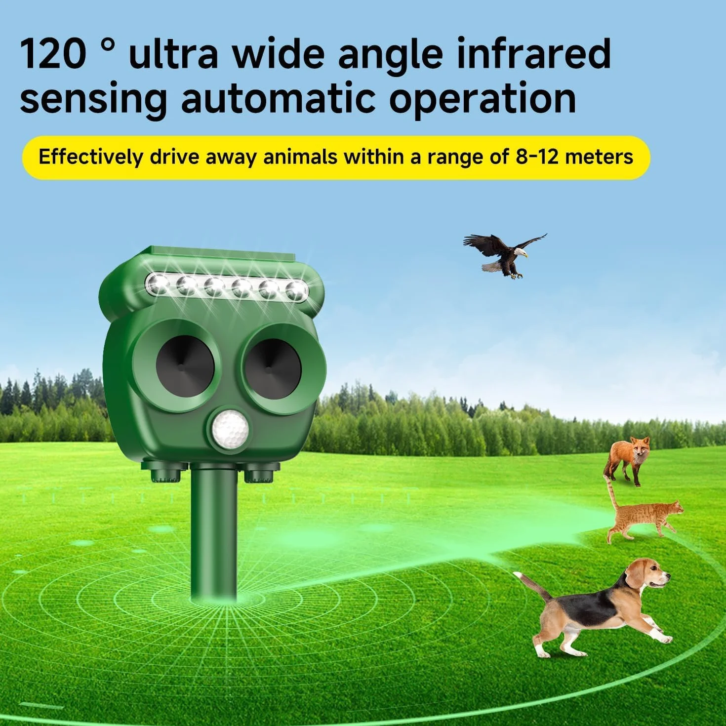 Répulsif solaire ultrason LED IP65 anti chat chien oiseau renard rat martre souris jardin