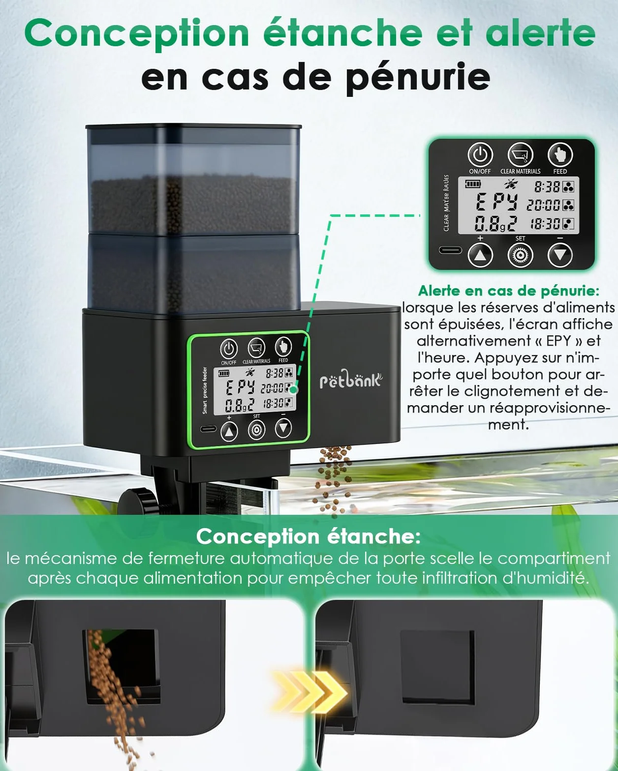 Distributeur Nourriture Poisson 230/510mL, Distributeur Automatique Poisson avec Timer, Distributeurs de Nourriture Aquarium Rechargeable USB, Écran LCD – Distributeurs de Nourriture Aquarium