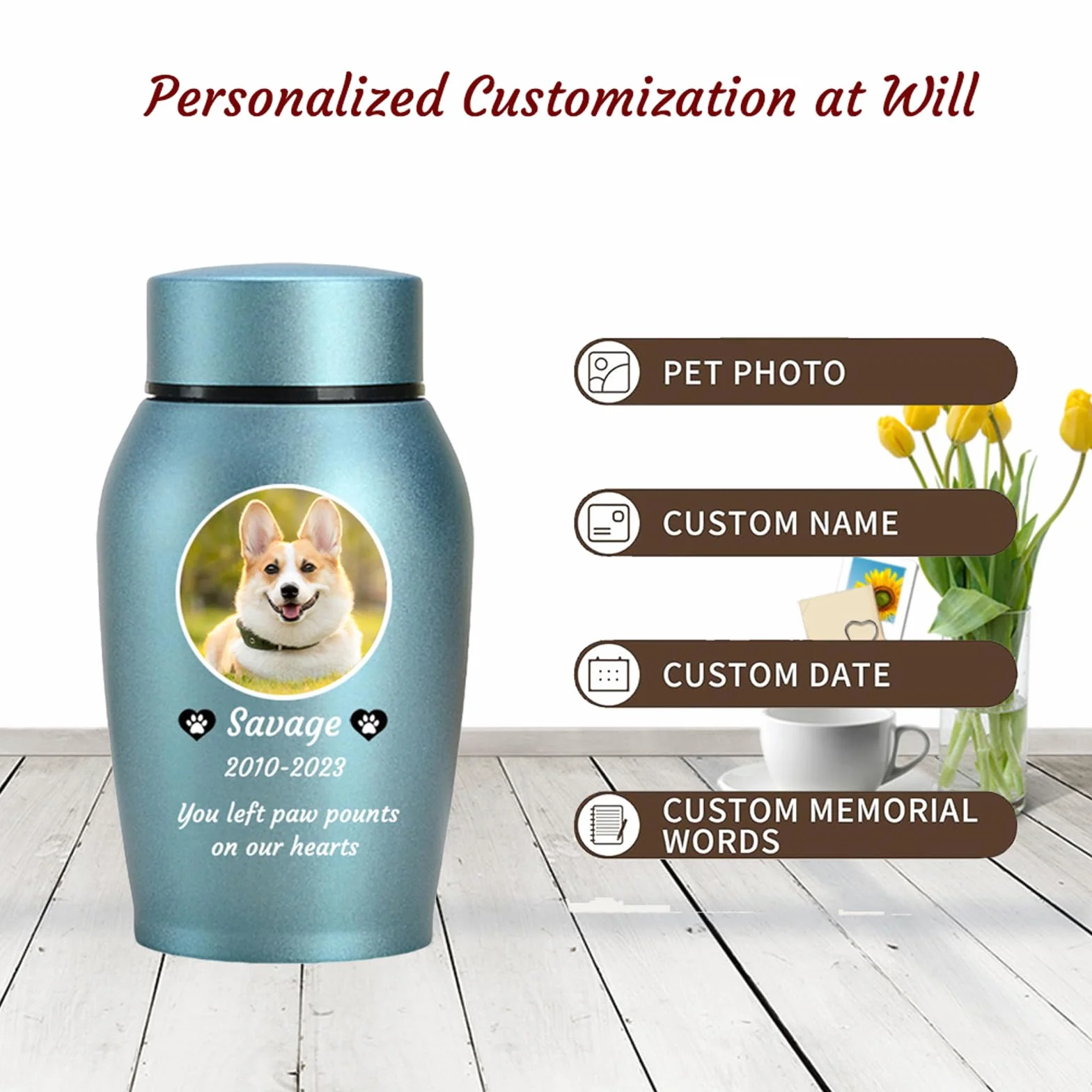 Urnes pour Cendres de Chien personnalisées en Acier Inoxydable, Bleu, Big
