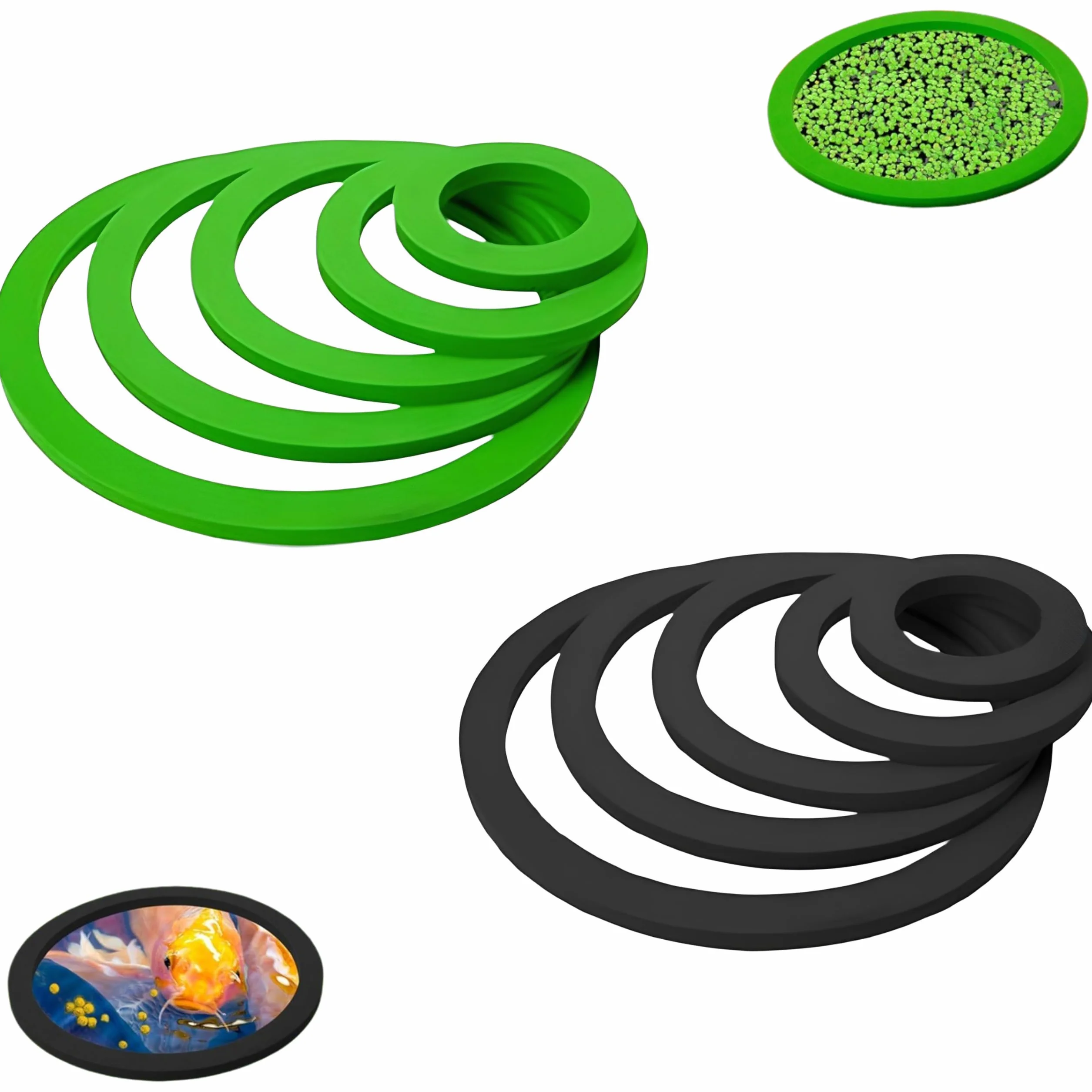 Lot de 10 Anneau Plante Flottante, Anneaux De Plantes pour Aquarium, Corral De Plantes Flottante, Anneau d'alimentation Aquarium, Rond Anneau d'alimentation pour Poisson (5 Tailles-Noir & Vert)