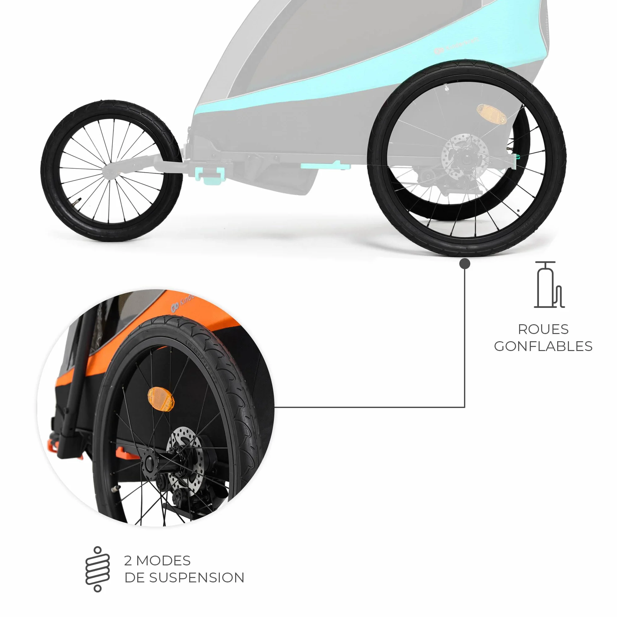 Kinderkraft NAVA 3-en-1 Remorque pour enfants Poussette Jogger Landau Remorque à vélo 2x22kg Protection pluie insectes Bleu