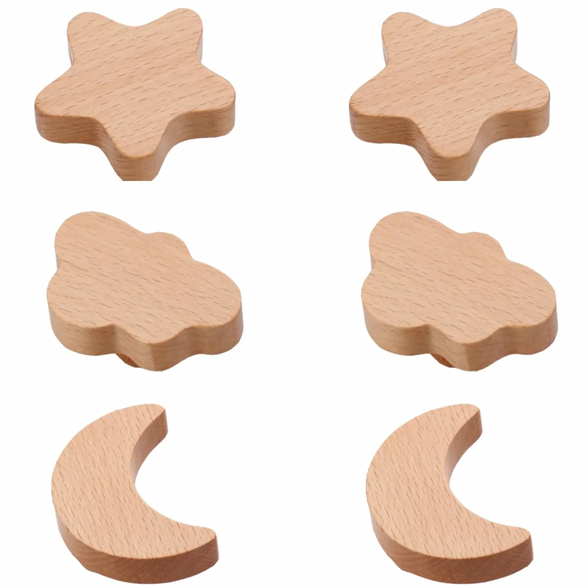 Lot de 6 boutons d'armoire en bois massif étoiles lune nuages pour enfants
