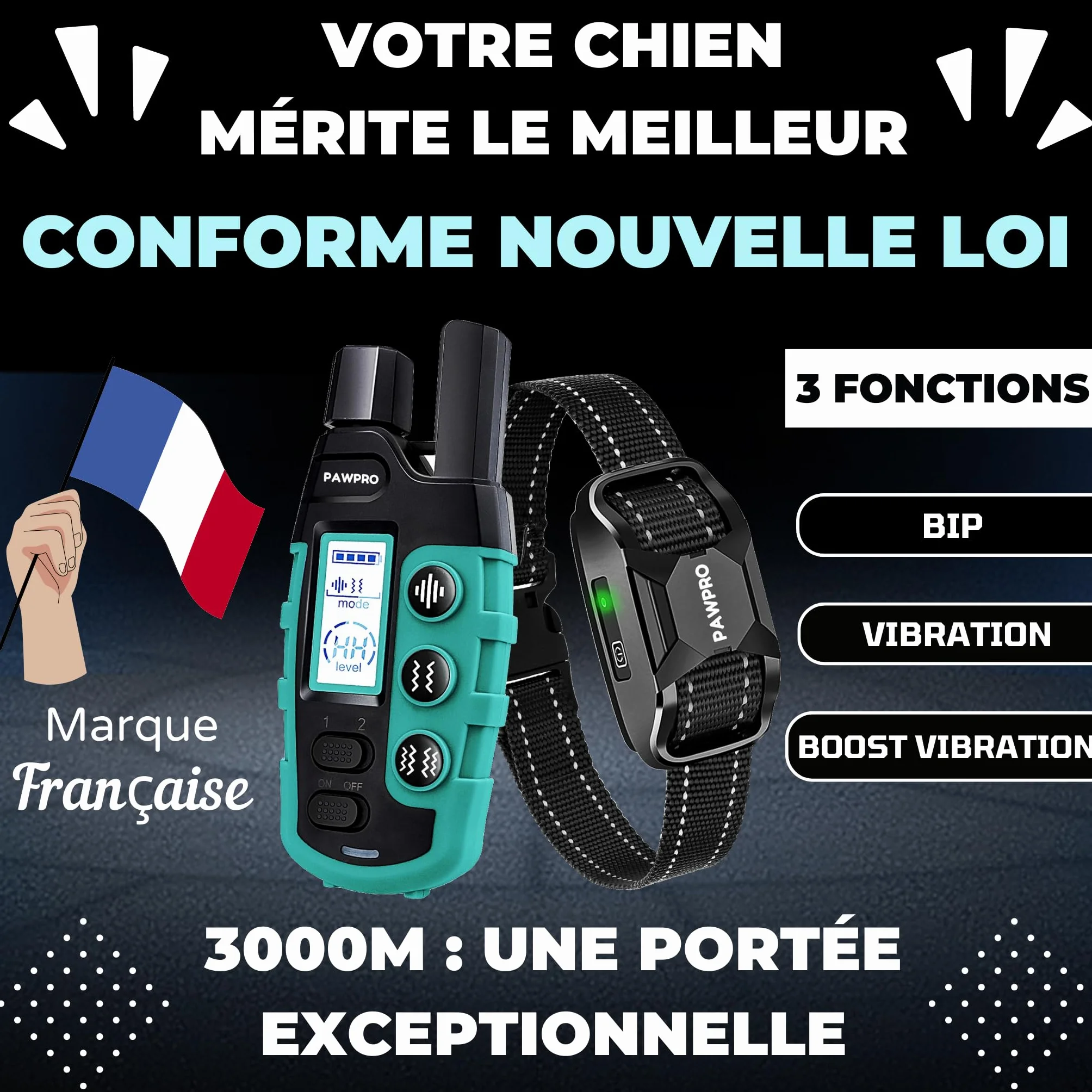 Collier de Dressage PAWPRO 3000m 3 Modes BIP Boost Vibration Conforme Loi 2024