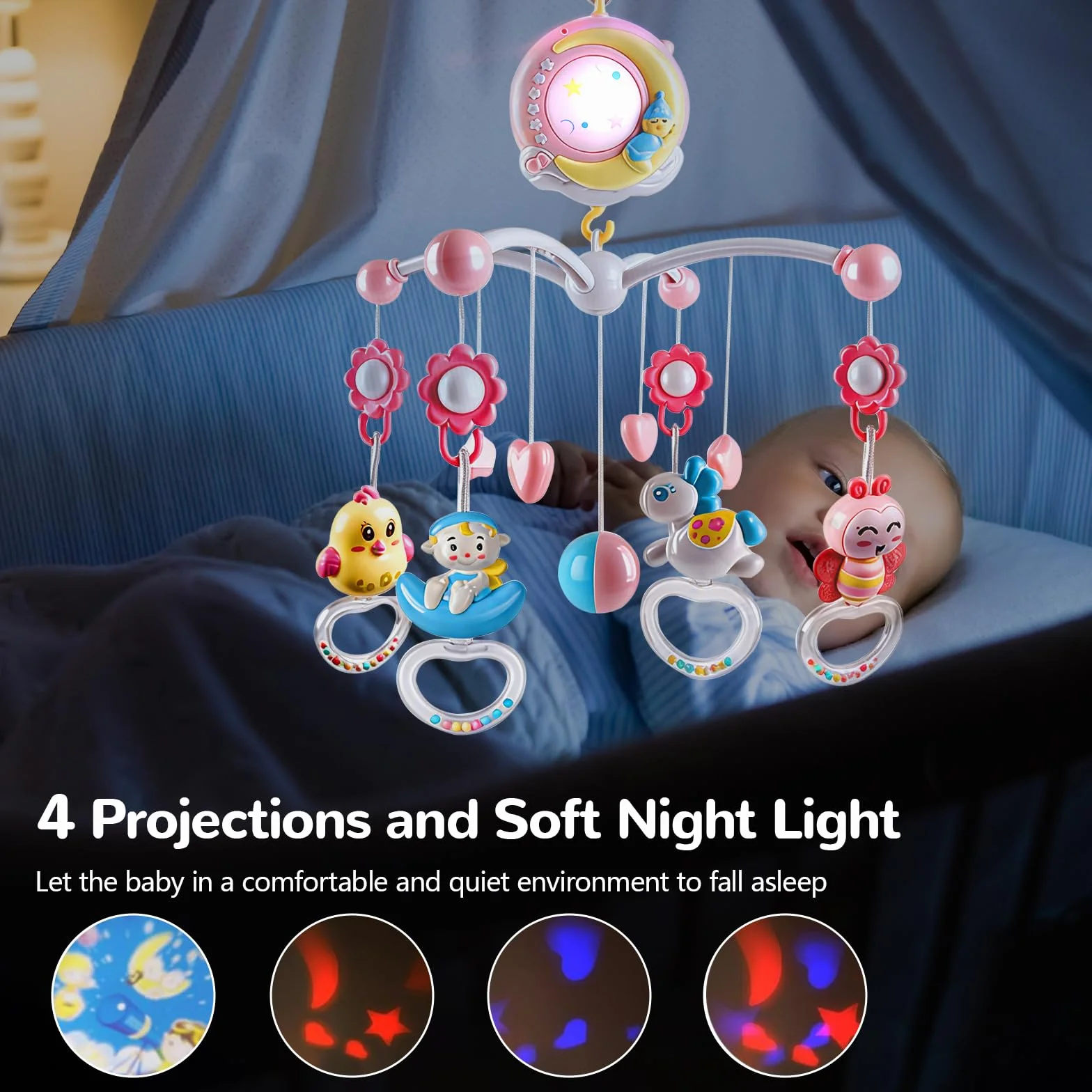 Mobile Musical Lit Bébé avec Veilleuse et Projecteur, 150 Berceuses, Hochets Rotatifs, Boîte à Musique, Télécommande