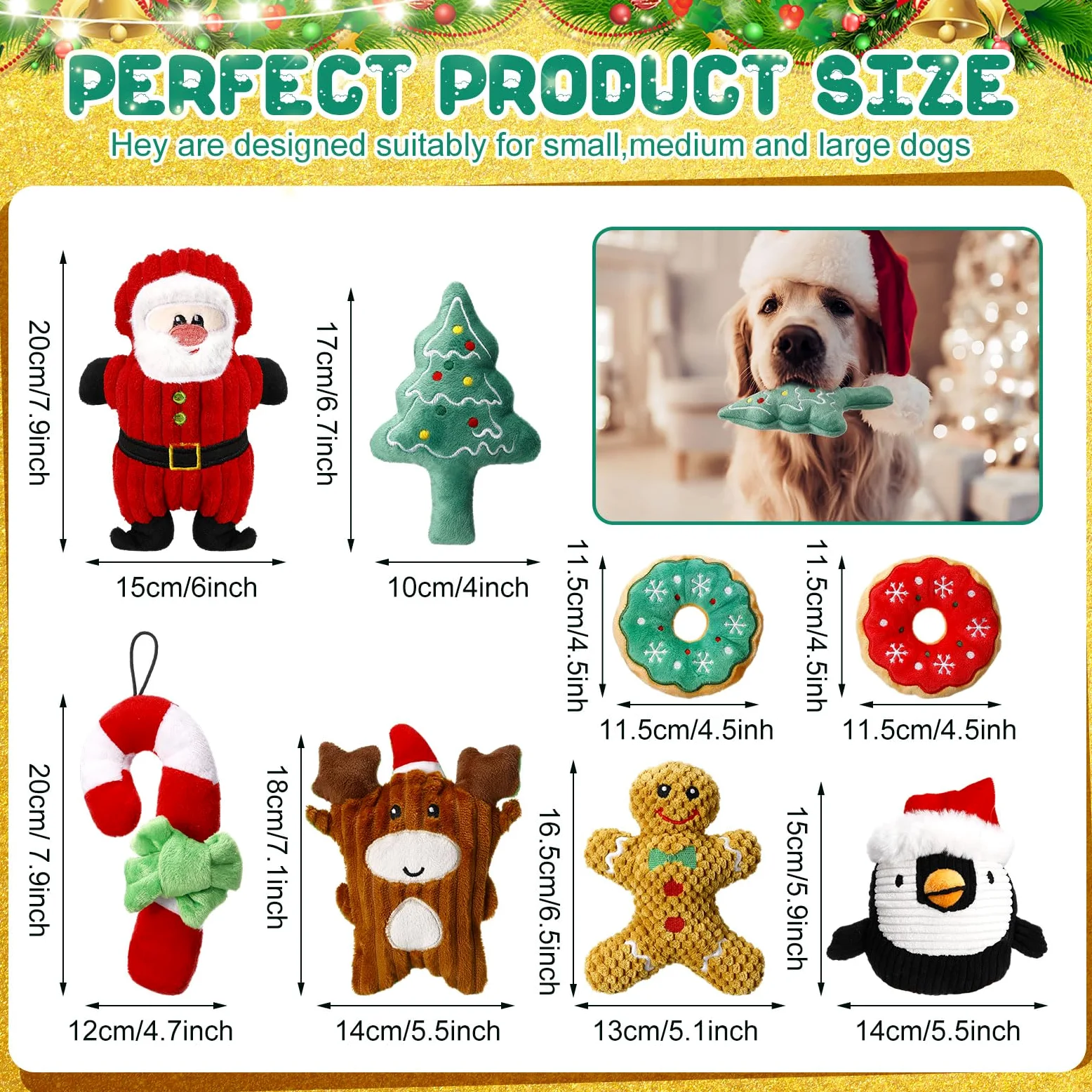 Lot de 8 jouets de Noël pour chien - Jouets couineurs interactifs en peluche avec couineur pour chiens de petite, moyenne et grande taille - Nettoyage des dents