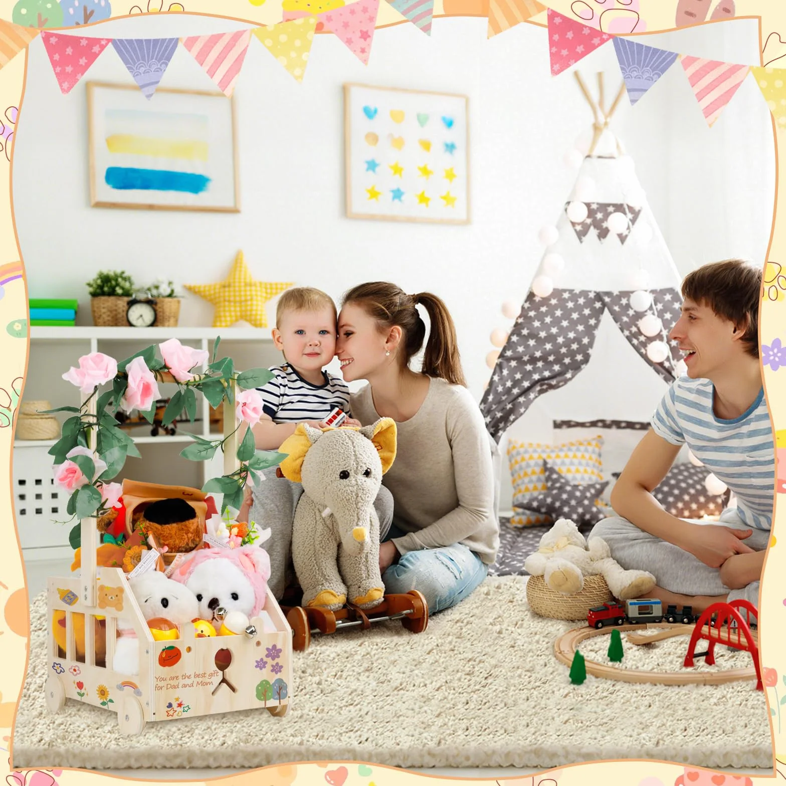 Coffret Cadeau en Bois avec Poignée et Roulettes pour Baby Shower
