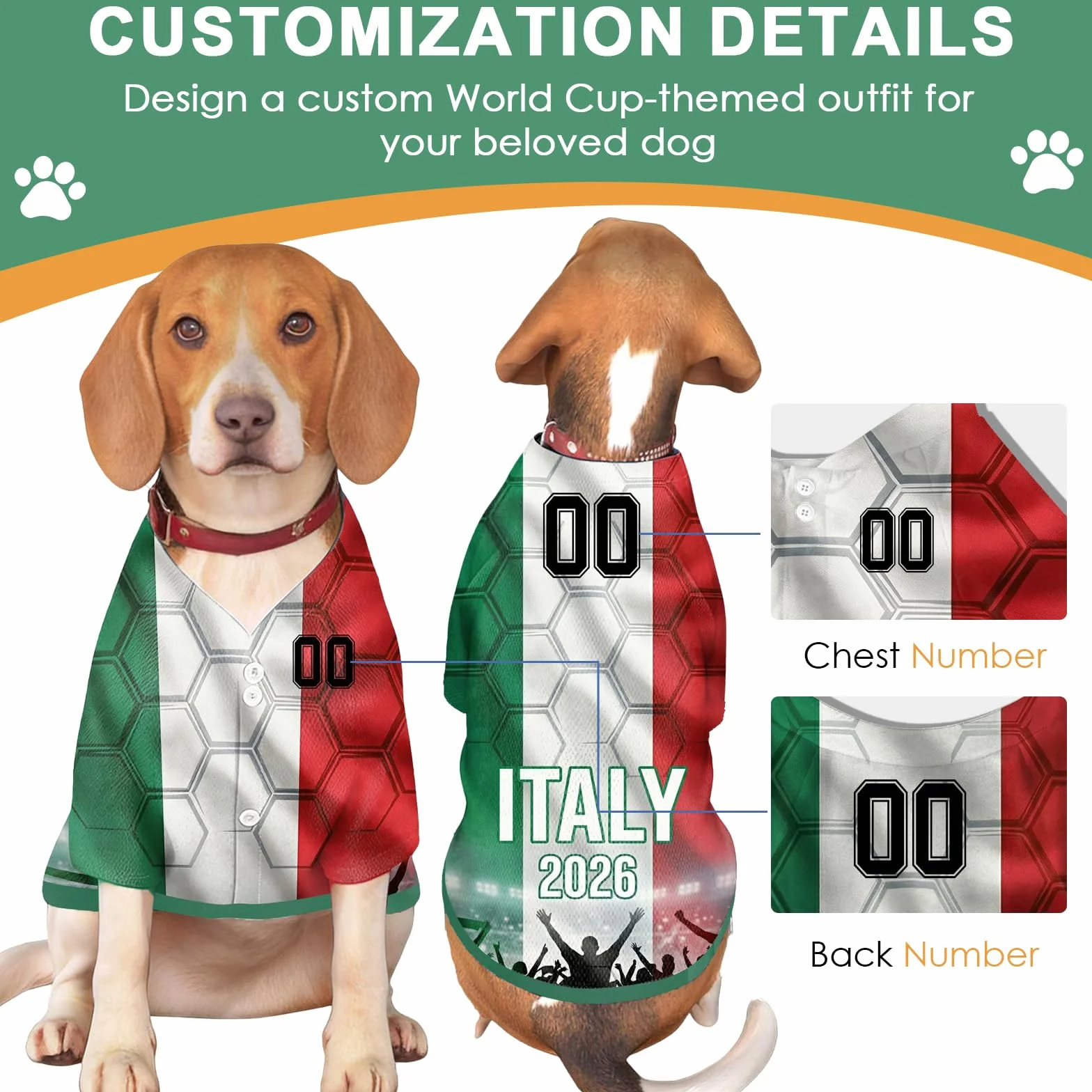 T-Shirt Chien Coupe du Monde Football 2026 Numéro Drapeau Petite Moyenne Taille