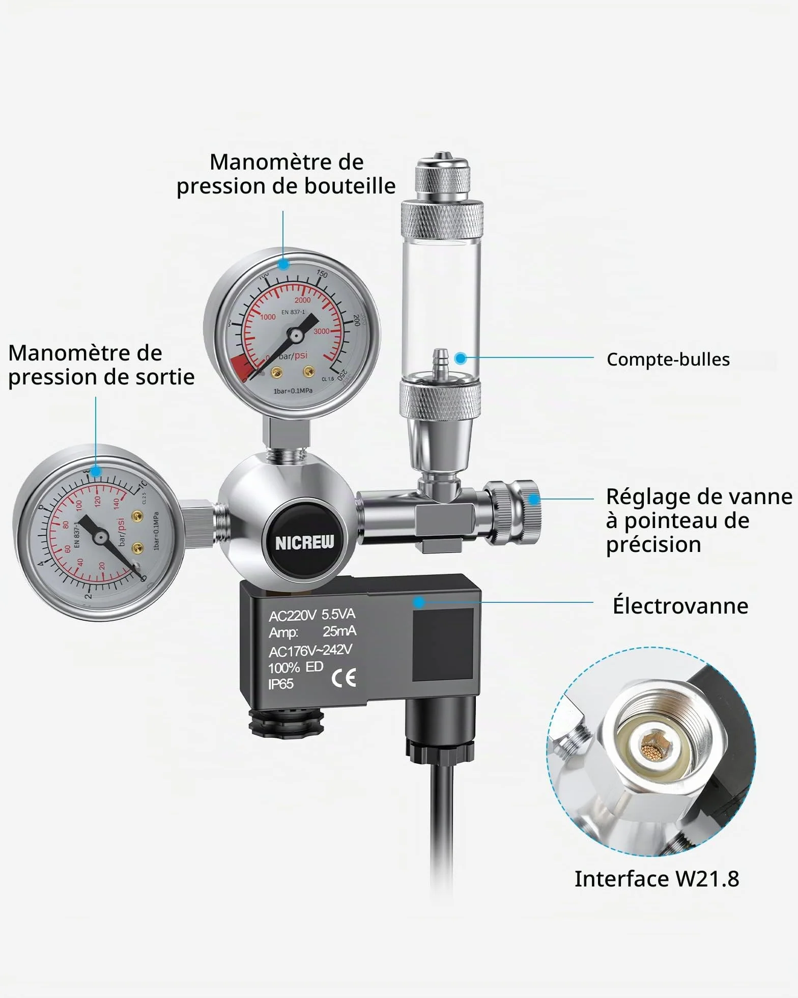 NICREW Régulateur de CO2 Aquarium Double Manomètres Électrovanne W21,8