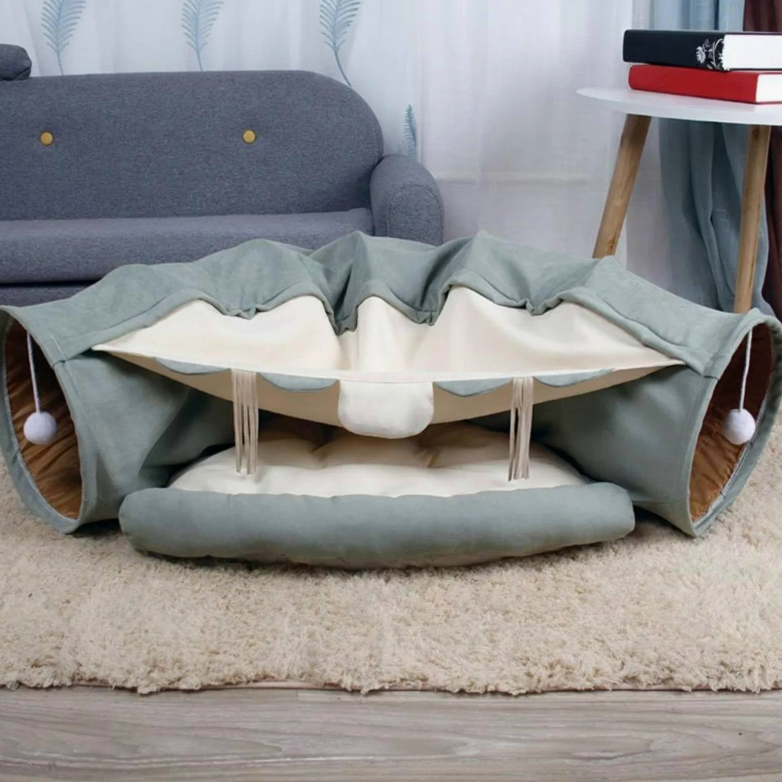 Tunnel pour en 1 Couchage et Jouet avec Dossier Moelleux Passage Superposé Bruissement Stimulant Franges Suspendues Polyester Adapté aux Félins