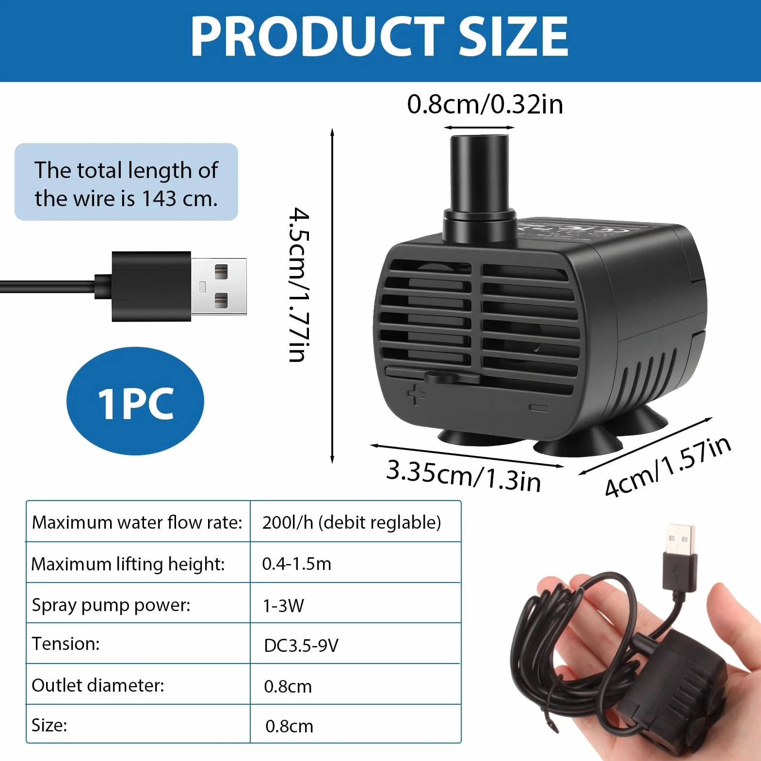 Mini Pompe à Eau Silencieuse USB 200 L/H 3 W Submersible pour Aquarium Fontaine Hydroponie