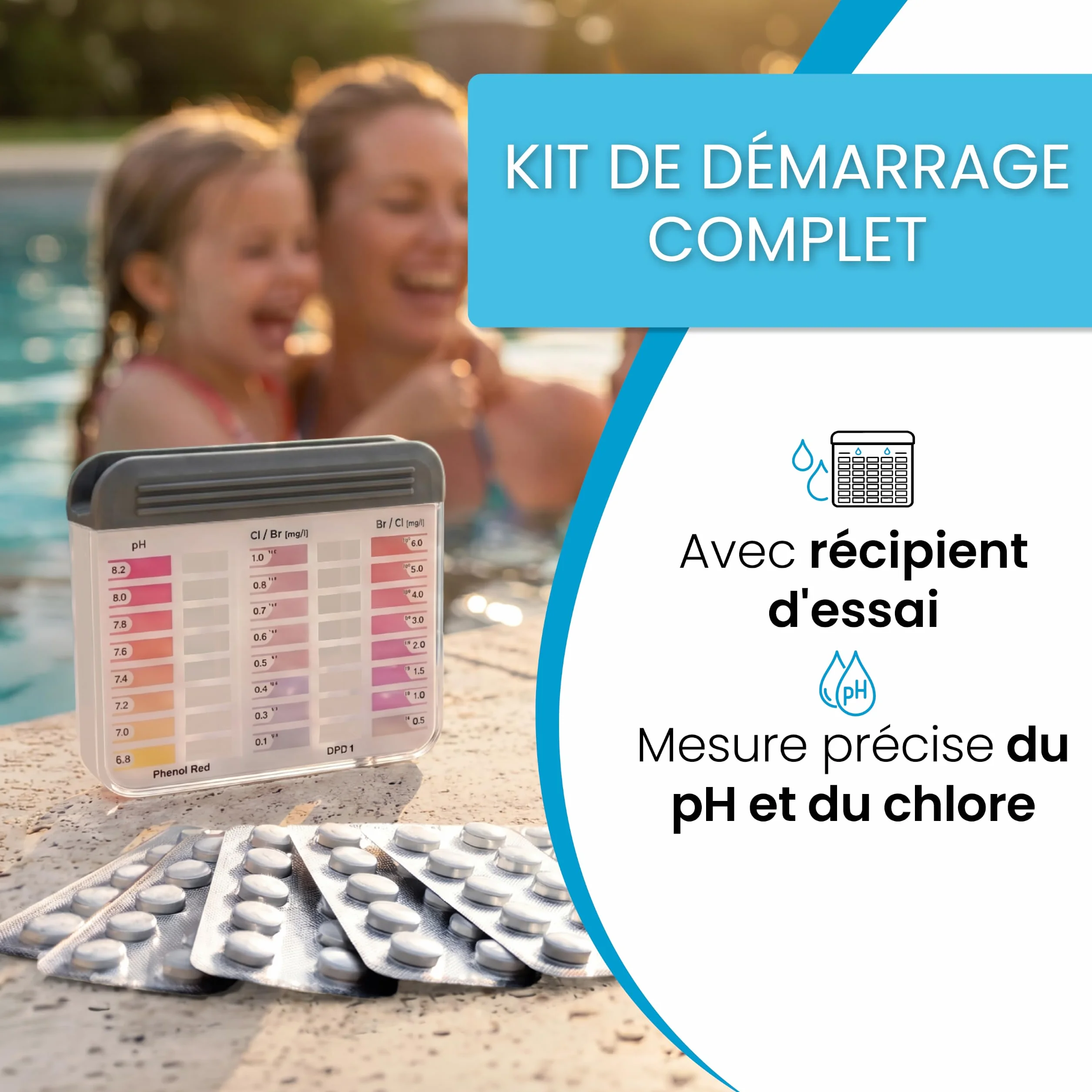 smardy 60 Pastilles de Test pH/Chlore Libre/Brome – pour piscine, spa, whirlpool et eau potable – testeur d'eau manuel avec boîte de rangement – Made in Germany