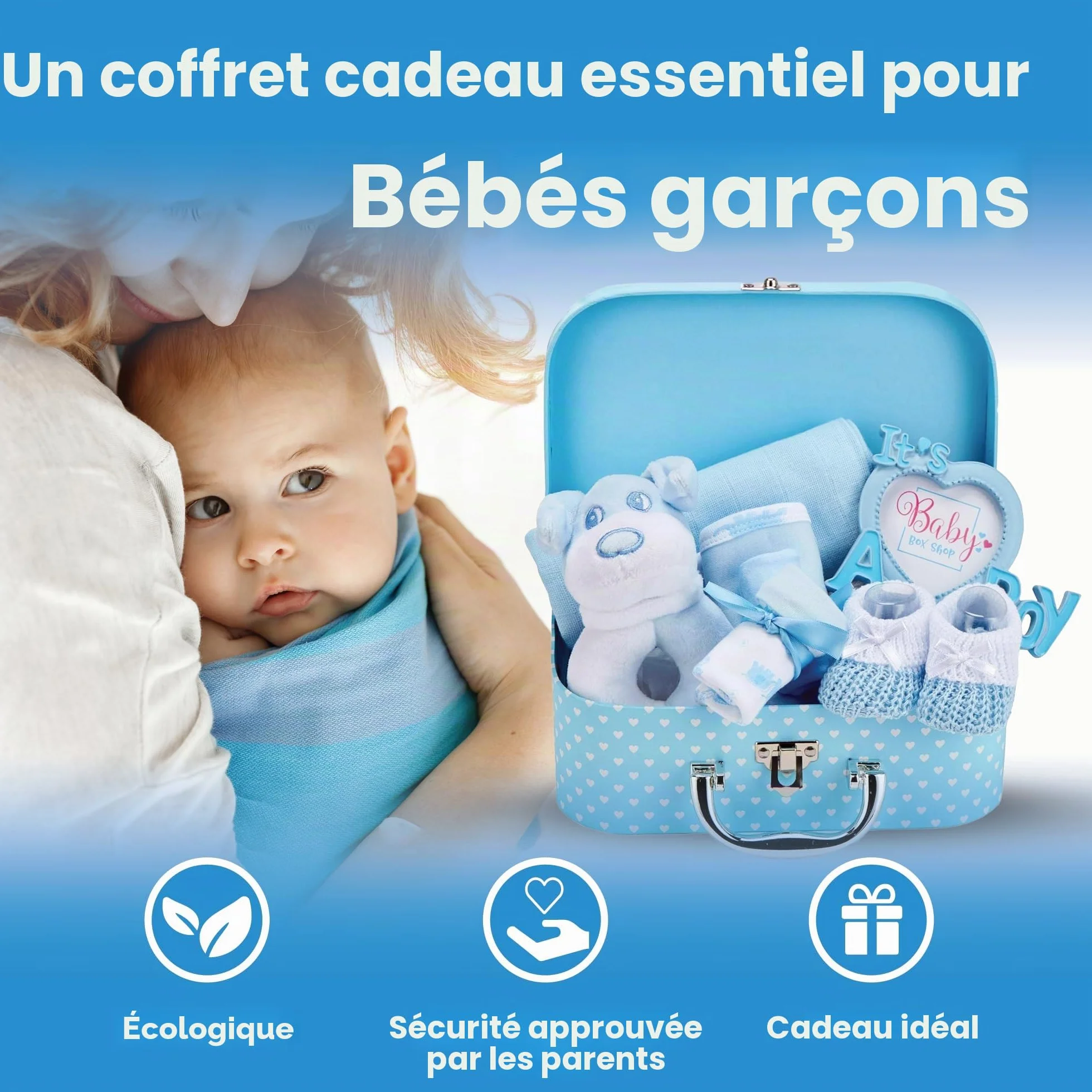 Coffret Naissance Bébé Garçon avec Cadeaux Hochet Cadre Photo Linge Mousseline Bavoir Chaussettes Mitaines Bonnet