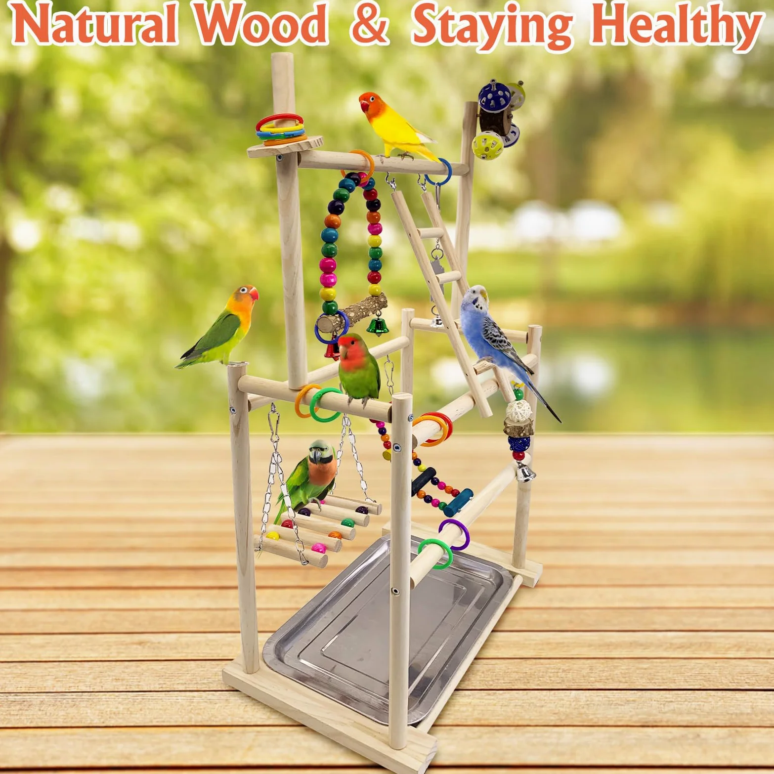Hamiledyi Aire de jeux pour oiseaux en bois naturel – Grand perchoir à 3 niveaux avec plateformes d'exercice durable pour perroquets, calopsittes et petits oiseaux Stand avec échelles et balançoires