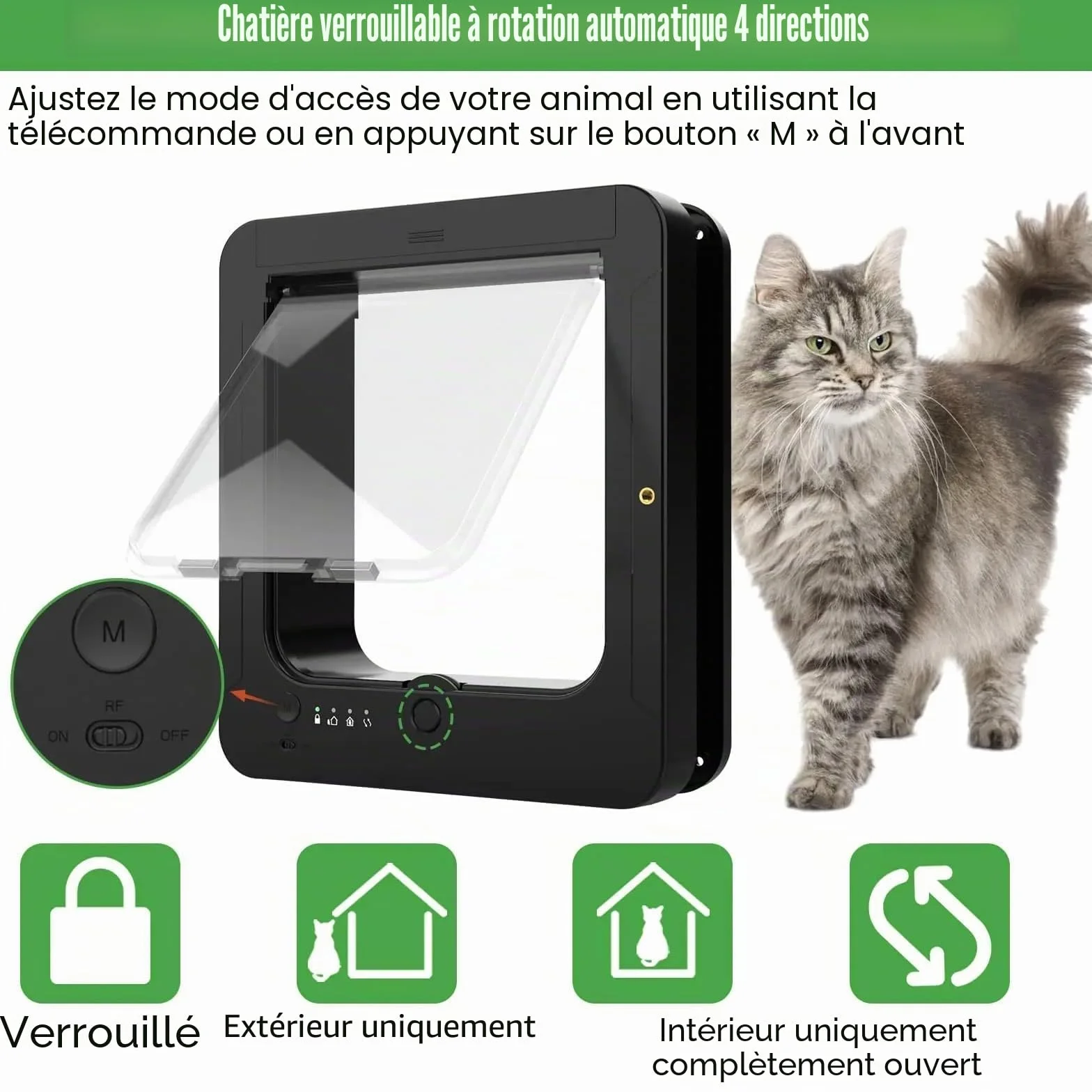 Sureflap Chatière À Puce Électronique pour Chat, 4 Modes Entrée/Sortie, 2 Colliers Capteurs, 1 Télécommande, Blanc