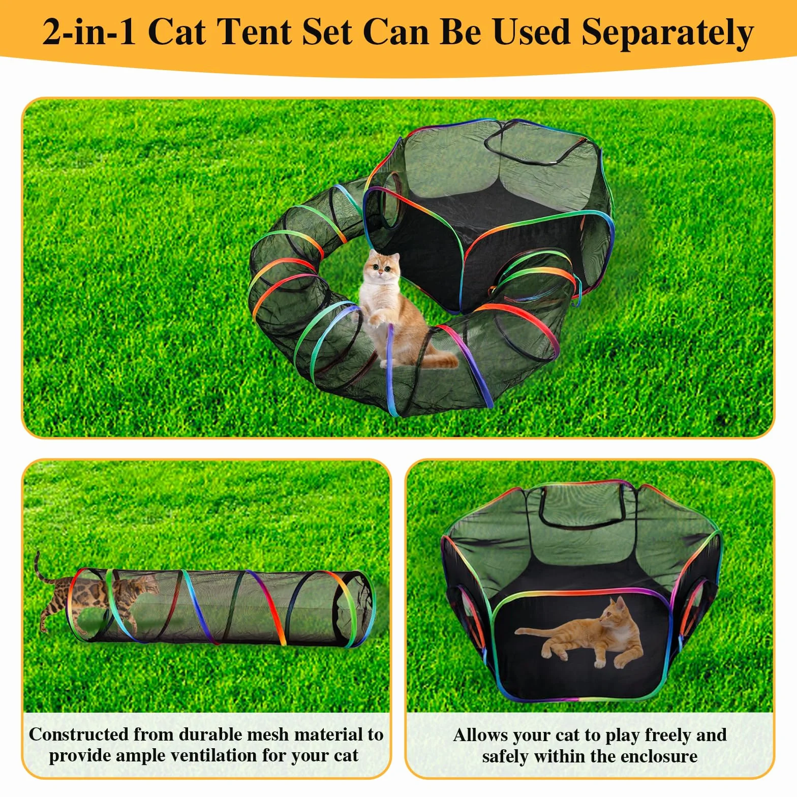 Homegroove Catio Enclos d'extérieur pour chat tunnel circulaire portable avec sac de transport arc-en-ciel