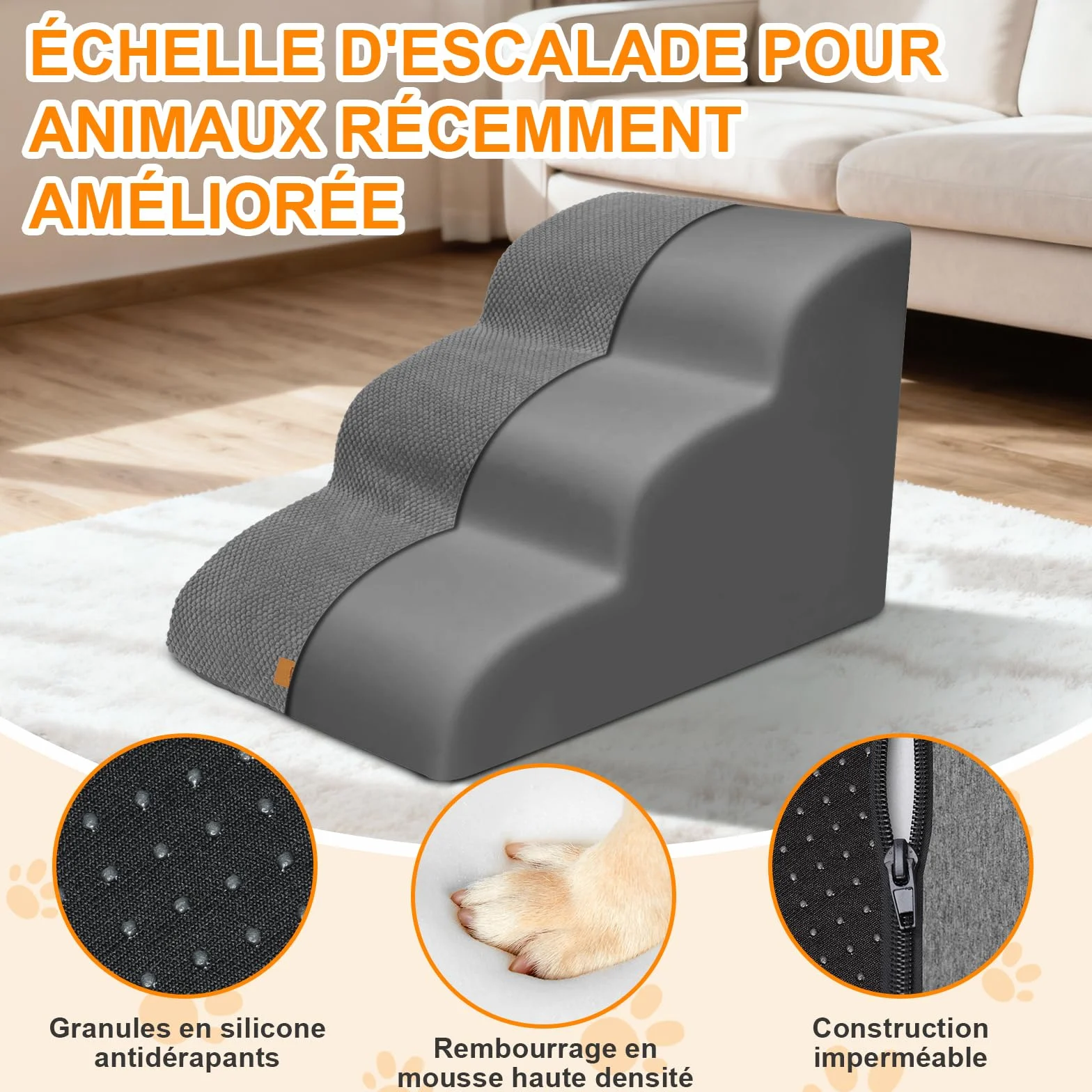 Masthome Escalier pour Chiens et Chats 3 Marches, Éponge Haute Densité, Antidérapant, Housse Amovible Lavable