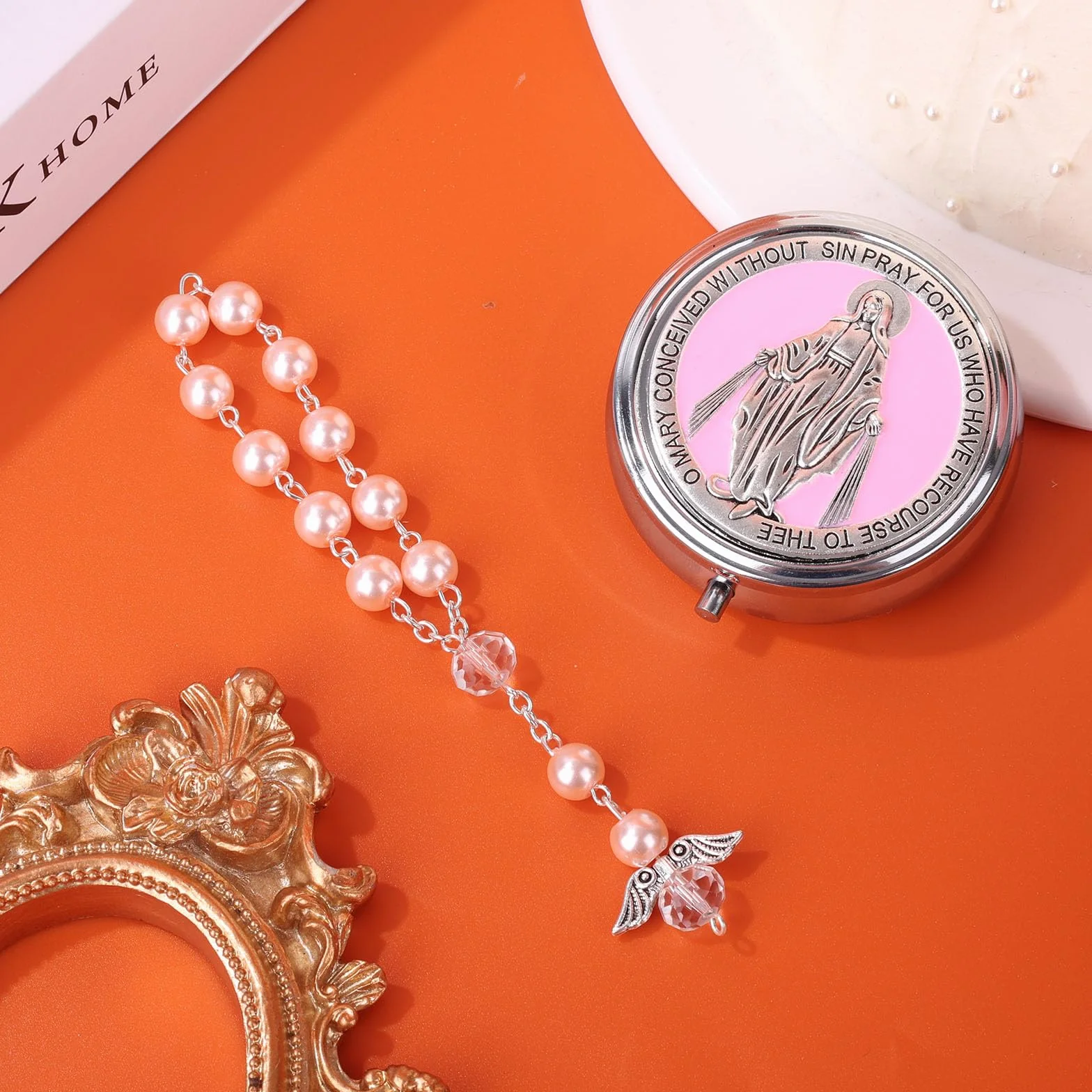 Coffret Cadeau de Baptême Mon Premier Chapelet avec Chapelet et Bracelet Ailes d'Ange Perles Catholiques Rose