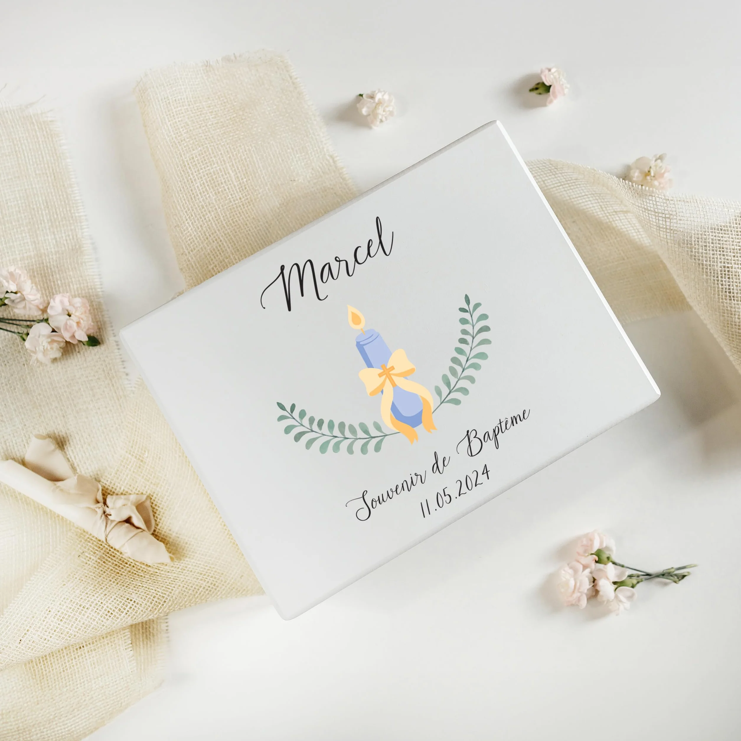 Boite Cadeau Personnalisé Bapteme Garçon Fille en Bois Blanc avec Bougie