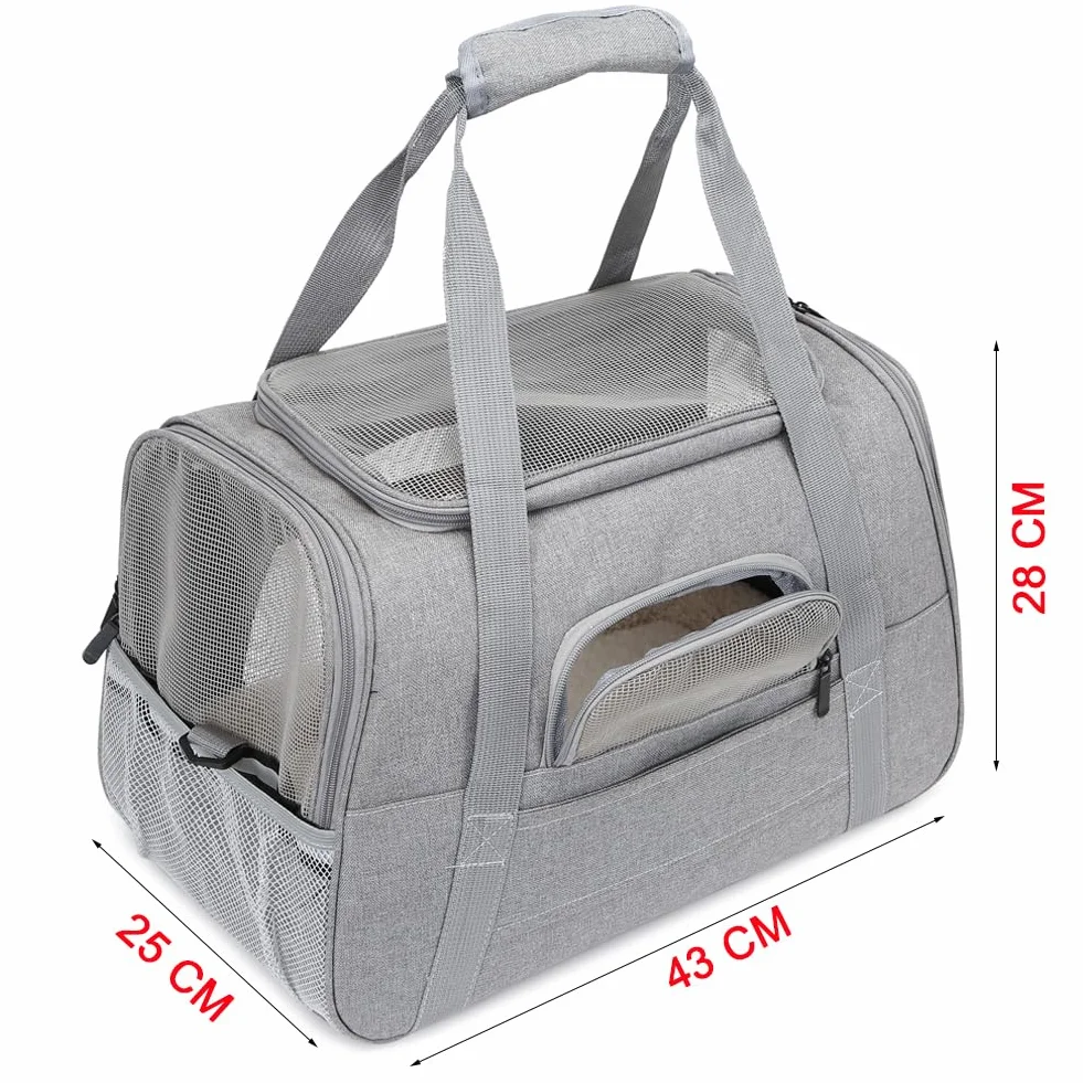 Sac Transport Chat Chien Respirant Pliable Caisse avec Bandoulière Réglable Matelas en Peluche Amovible