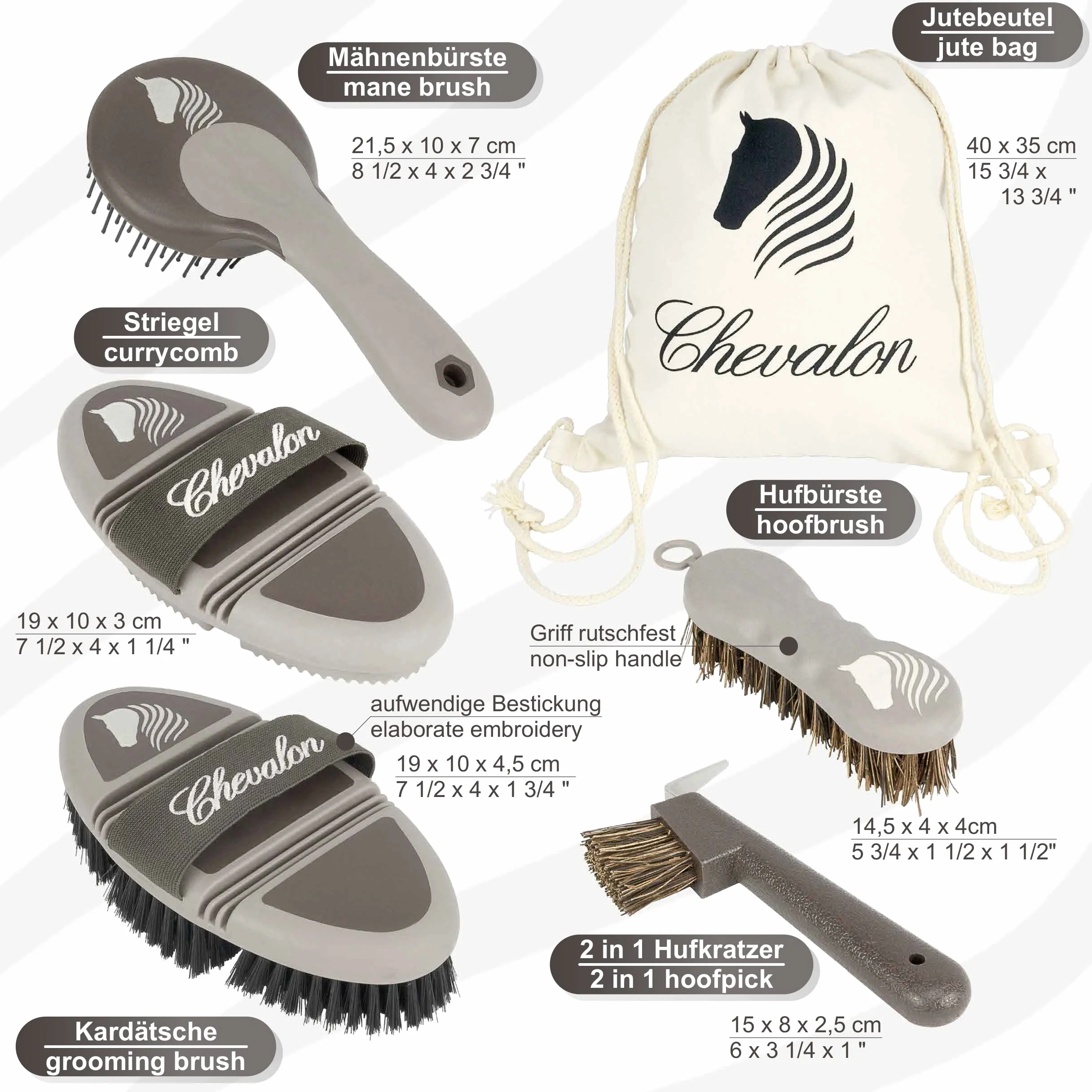 Chevalon Kit de nettoyage pour chevaux Brosse flexible Étrille Brosse de massage 2in1 cure pied V2A Brosse à crinière