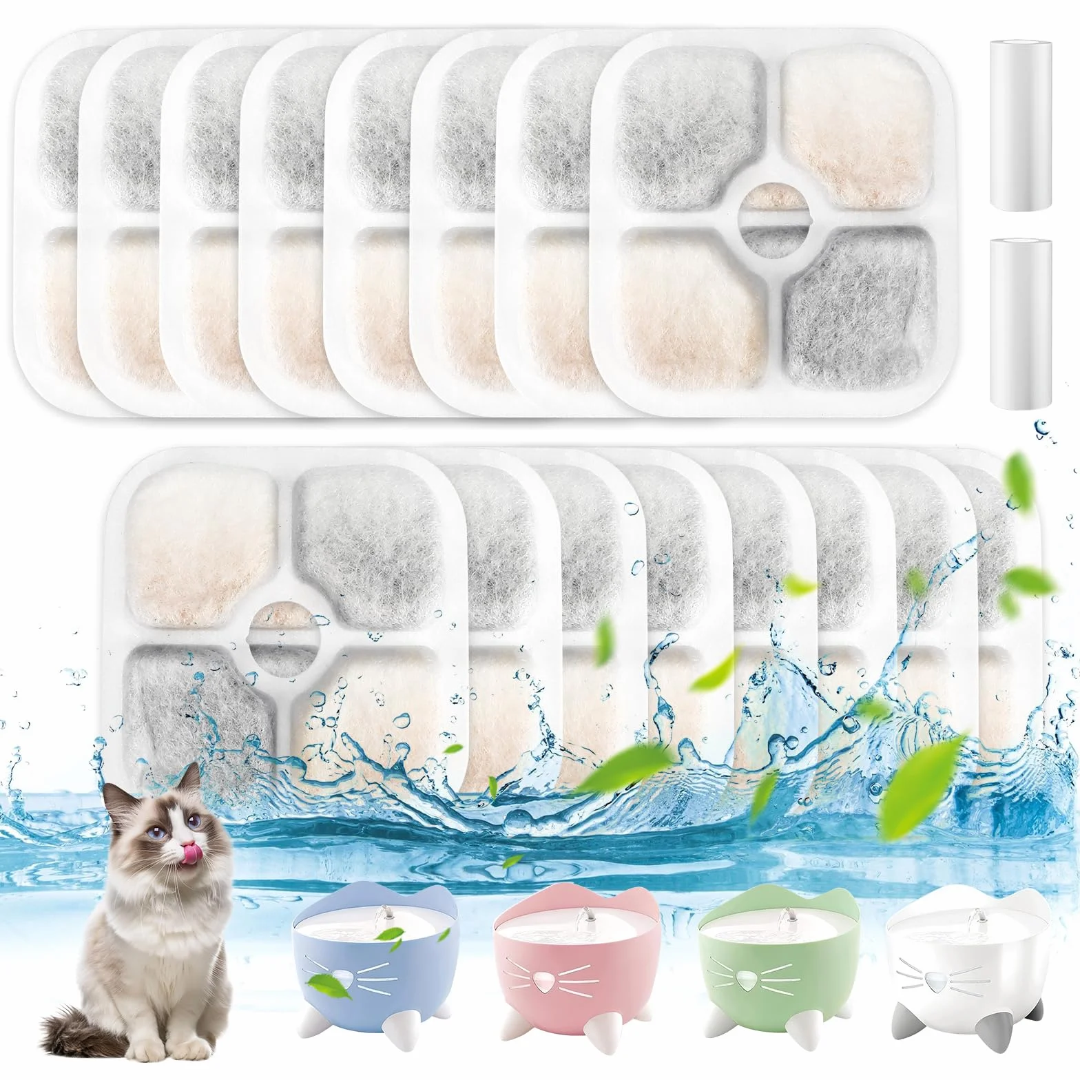 Filtre Fontaine Eau Chat 16 pcs Triple Système Filtration Résine Charbon Actif 2 Tuyaux Rechange