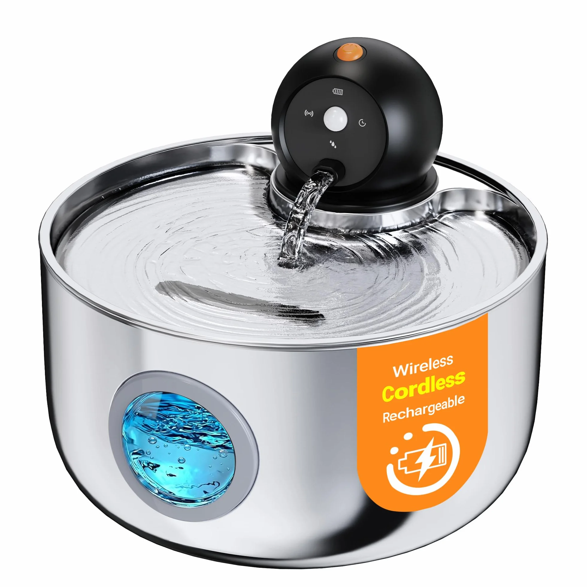 Fontaine à Eau pour Chat sans Fil INOX 2.6L avec Détecteur de Mouvement et Batterie Rechargeable